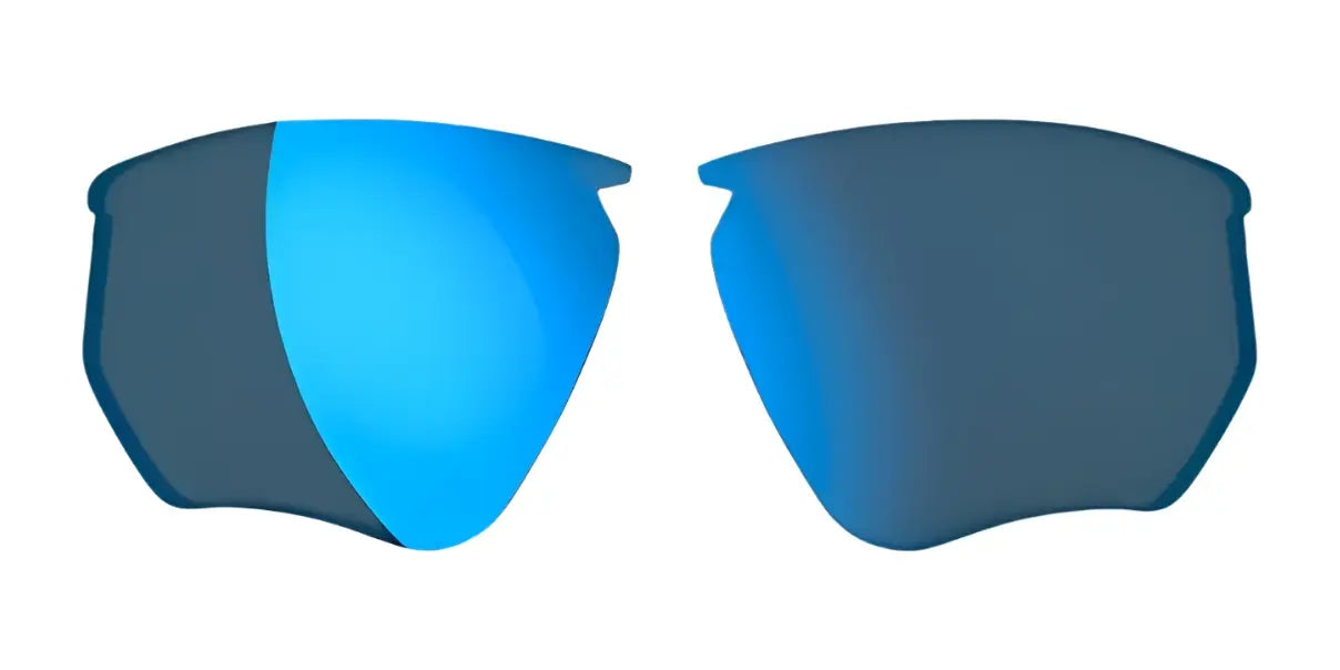 Two RE Ranger Phoenix Sport Lenses by RE Ranger in blue are displayed on a white background, one partly shaded—ideal for clear vision during indoor shooting. Two RE Ranger Phoenix Sport Lenses by RE Ranger in blue are displayed on a white background, one partly shaded—ideal for clear vision during indoor shooting.