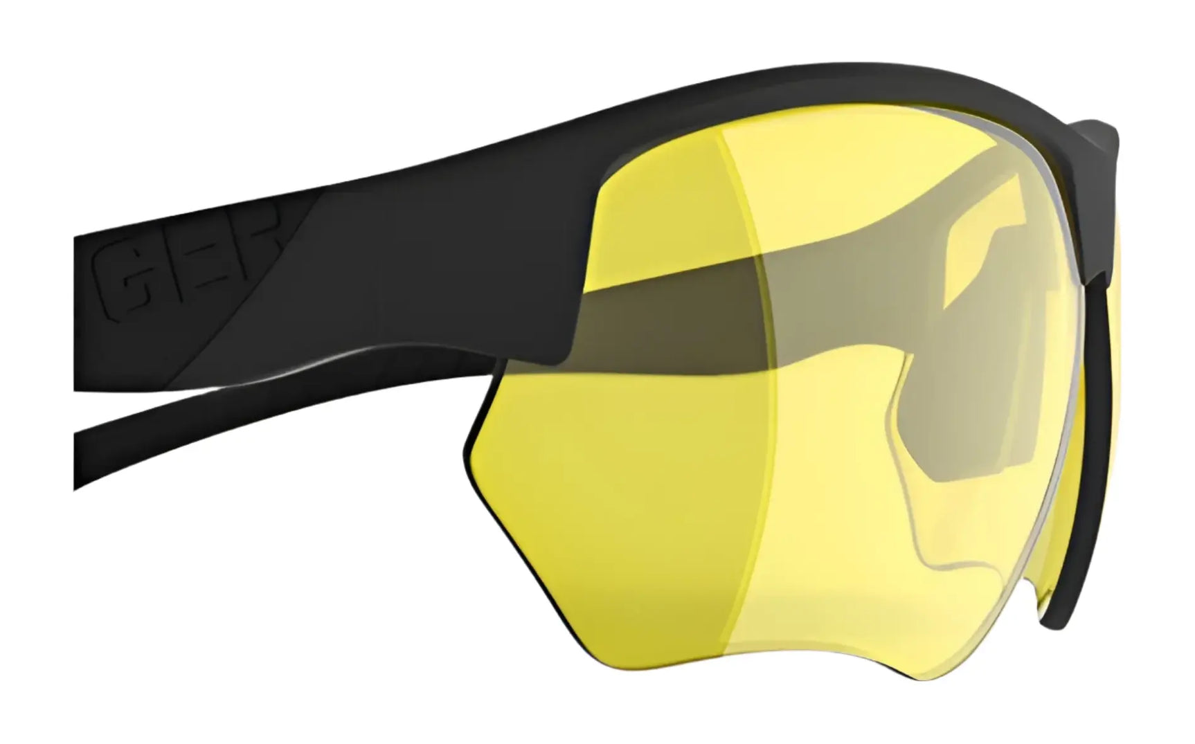 The RE Ranger Phoenix Sport Lens by RE Ranger features black sports sunglasses with large, wraparound yellow-tinted lenses for clear vision, ideal for indoor shooting. Shown here in a side view. The RE Ranger Phoenix Sport Lens by RE Ranger features black sports sunglasses with large, wraparound yellow-tinted lenses for clear vision, ideal for indoor shooting. Shown here in a side view.