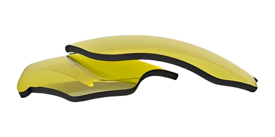 Two curved RE Ranger Phoenix Sport lenses by RE Ranger, featuring yellow-tinted optics with black edges, are stacked on a white background—engineered to deliver clear vision for indoor shooting. Two curved RE Ranger Phoenix Sport lenses by RE Ranger, featuring yellow-tinted optics with black edges, are stacked on a white background—engineered to deliver clear vision for indoor shooting.