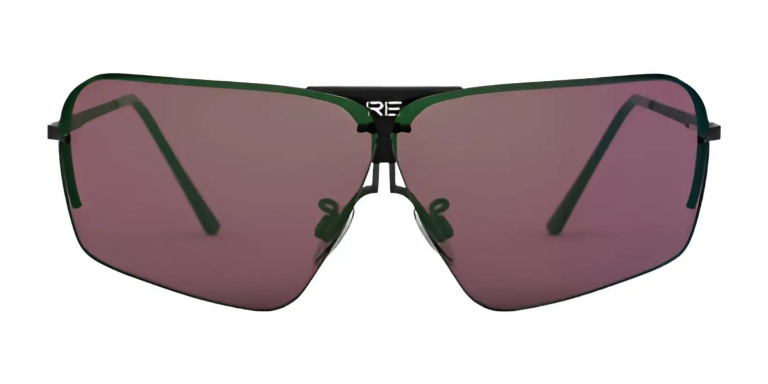 The RE Ranger RIACT A.I. Edge Shooting Sunglasses feature green frames and oversized, purple-tinted lenses for clarity and comfort in bright light—all presented against a white background. The RE Ranger RIACT A.I. Edge Shooting Sunglasses feature green frames and oversized, purple-tinted lenses for clarity and comfort in bright light—all presented against a white background.