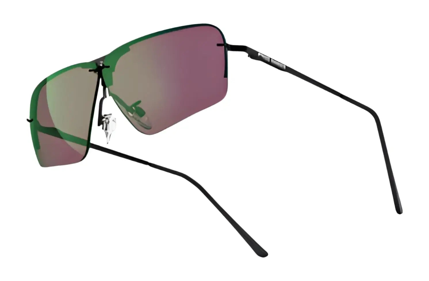 RE Ranger RIACT A.I. Edge Shooting Sunglasses feature rimless green-tinted mirrored RIACT A.I. lenses made from HD Fusionate material and thin black arms, shown on a white background. Brand: RE Ranger. RE Ranger RIACT A.I. Edge Shooting Sunglasses feature rimless green-tinted mirrored RIACT A.I. lenses made from HD Fusionate material and thin black arms, shown on a white background. Brand: RE Ranger.