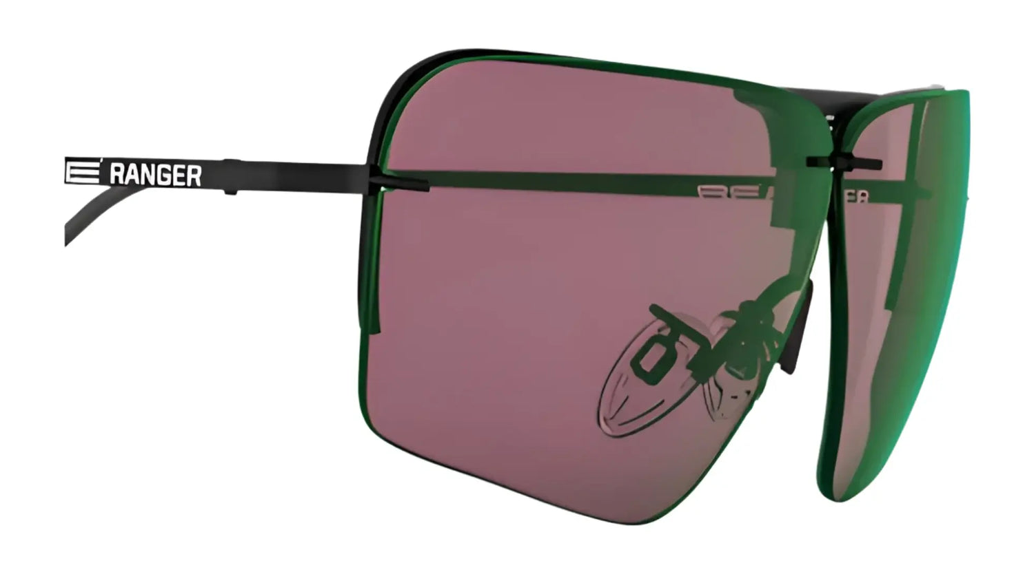 RE Ranger RIACT A.I. Edge Shooting Sunglasses feature square oversized black frames, pink RIACT A.I. lenses for bright light, and "RANGER" on the left arm. RE Ranger RIACT A.I. Edge Shooting Sunglasses feature square oversized black frames, pink RIACT A.I. lenses for bright light, and "RANGER" on the left arm.