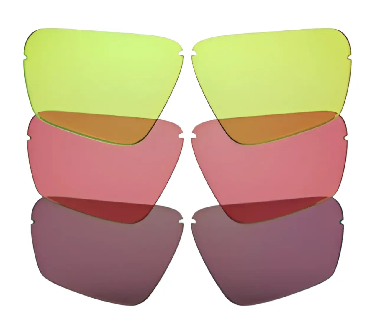 Six pairs of RE Ranger RIACT A.I. Edge Shooting Sunglasses lenses in yellow, pink, and purple on a white background, featuring RIACT A.I. technology for enhanced clarity and color in any conditions. Six pairs of RE Ranger RIACT A.I. Edge Shooting Sunglasses lenses in yellow, pink, and purple on a white background, featuring RIACT A.I. technology for enhanced clarity and color in any conditions.