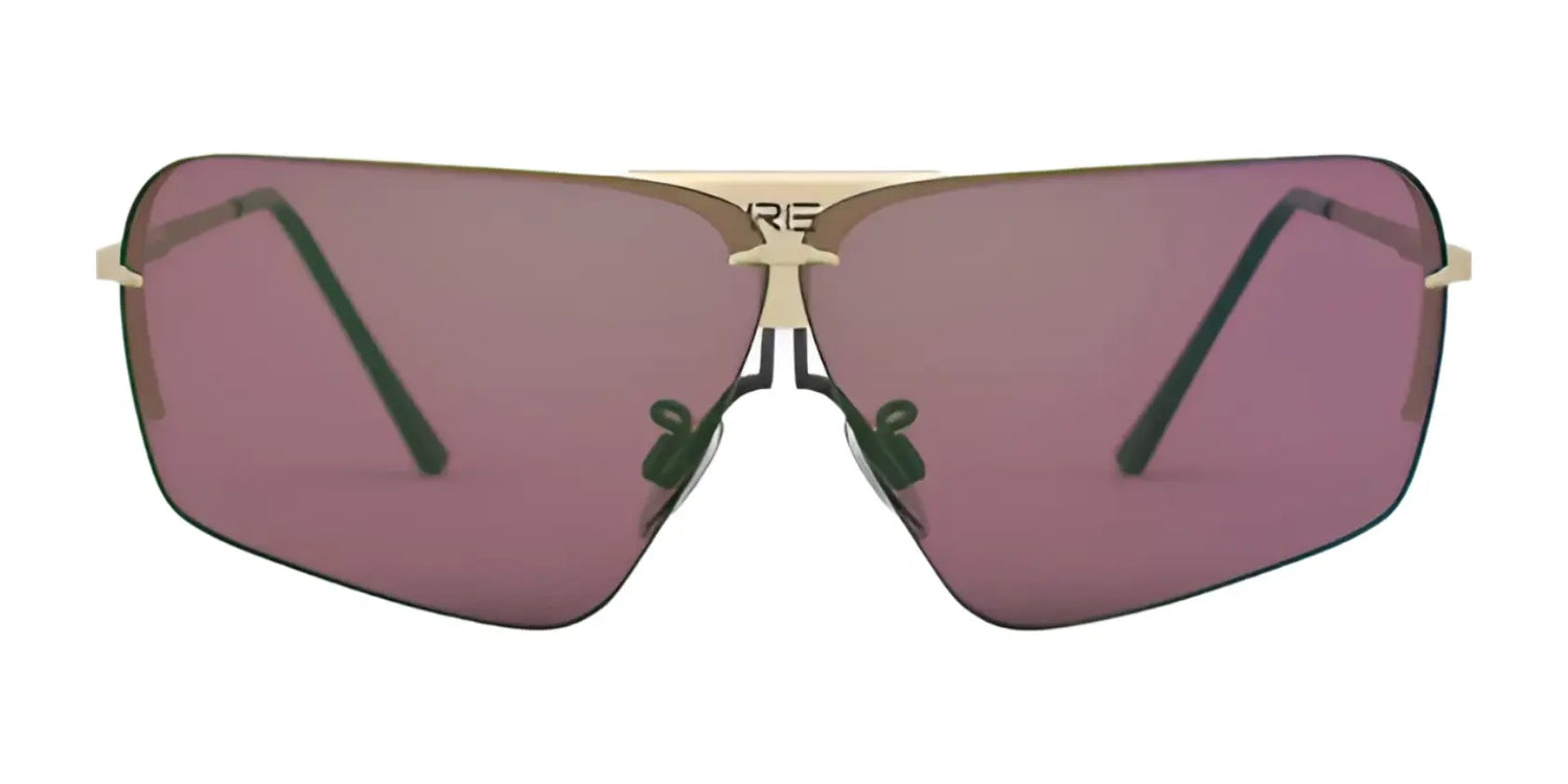 RE Ranger RIACT A.I. Edge Shooting Sunglasses by RE Ranger feature oversized purple-tinted RIACT A.I. lenses and a gold frame, displayed on a white background. RE Ranger RIACT A.I. Edge Shooting Sunglasses by RE Ranger feature oversized purple-tinted RIACT A.I. lenses and a gold frame, displayed on a white background.