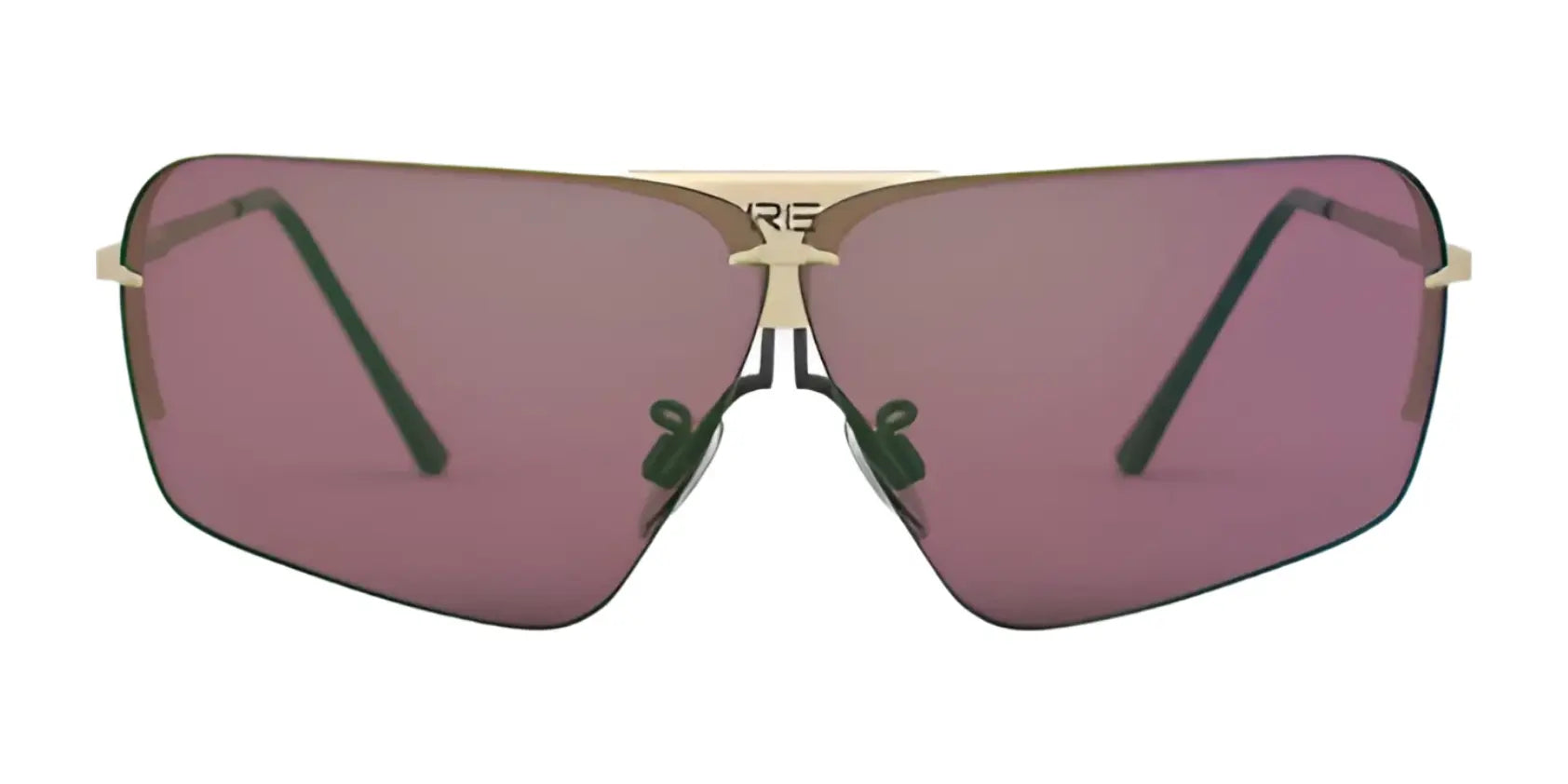 RE Ranger RIACT A.I. Edge Shooting Sunglasses by RE Ranger feature oversized purple-tinted RIACT A.I. lenses and a gold frame, displayed on a white background. RE Ranger RIACT A.I. Edge Shooting Sunglasses by RE Ranger feature oversized purple-tinted RIACT A.I. lenses and a gold frame, displayed on a white background.