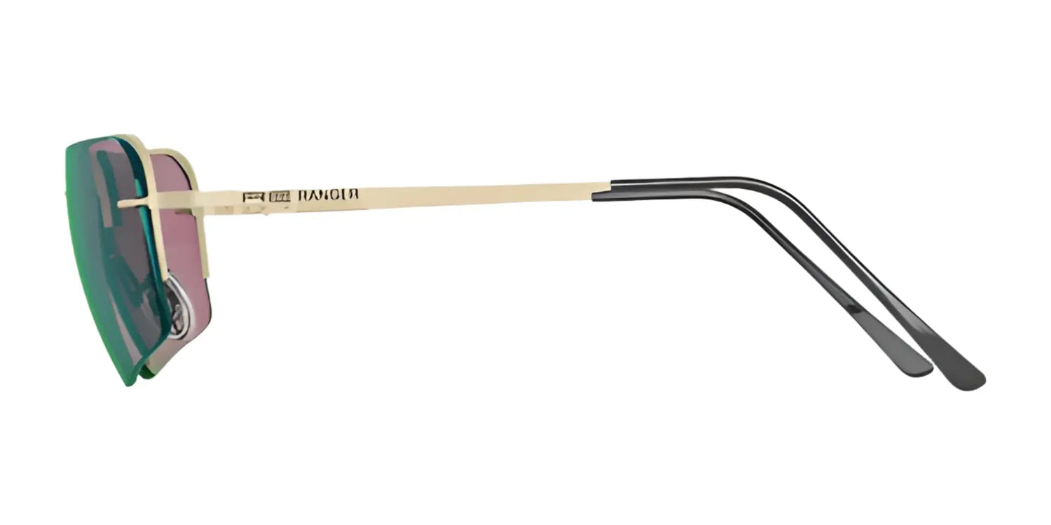 Side view of RE Ranger RIACT A.I. Edge Shooting Sunglasses with gold arms, black temple tips, and green-tinted lenses for bright light, shown on a white background. Side view of RE Ranger RIACT A.I. Edge Shooting Sunglasses with gold arms, black temple tips, and green-tinted lenses for bright light, shown on a white background.
