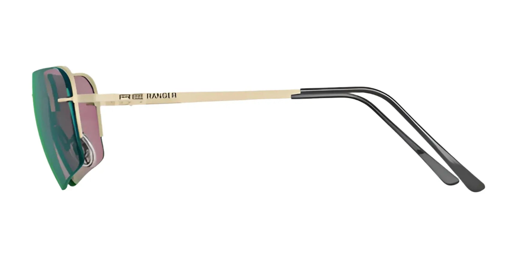 Side view of RE Ranger RIACT A.I. Edge Shooting Sunglasses with gold arms, black temple tips, and green-tinted lenses for bright light, shown on a white background. Side view of RE Ranger RIACT A.I. Edge Shooting Sunglasses with gold arms, black temple tips, and green-tinted lenses for bright light, shown on a white background.