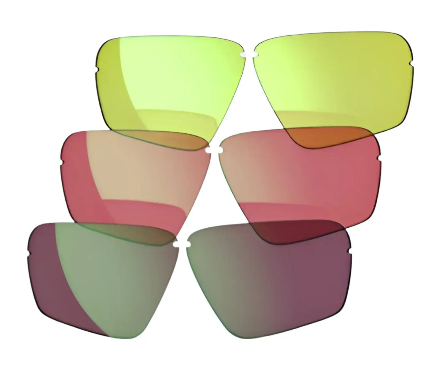 Six interchangeable RE Ranger RIACT A.I. lenses in yellow, pink, and green are arranged in two rows on a white background as part of the RE Ranger RIACT A.I. Lens Kit. Six interchangeable RE Ranger RIACT A.I. lenses in yellow, pink, and green are arranged in two rows on a white background as part of the RE Ranger RIACT A.I. Lens Kit.