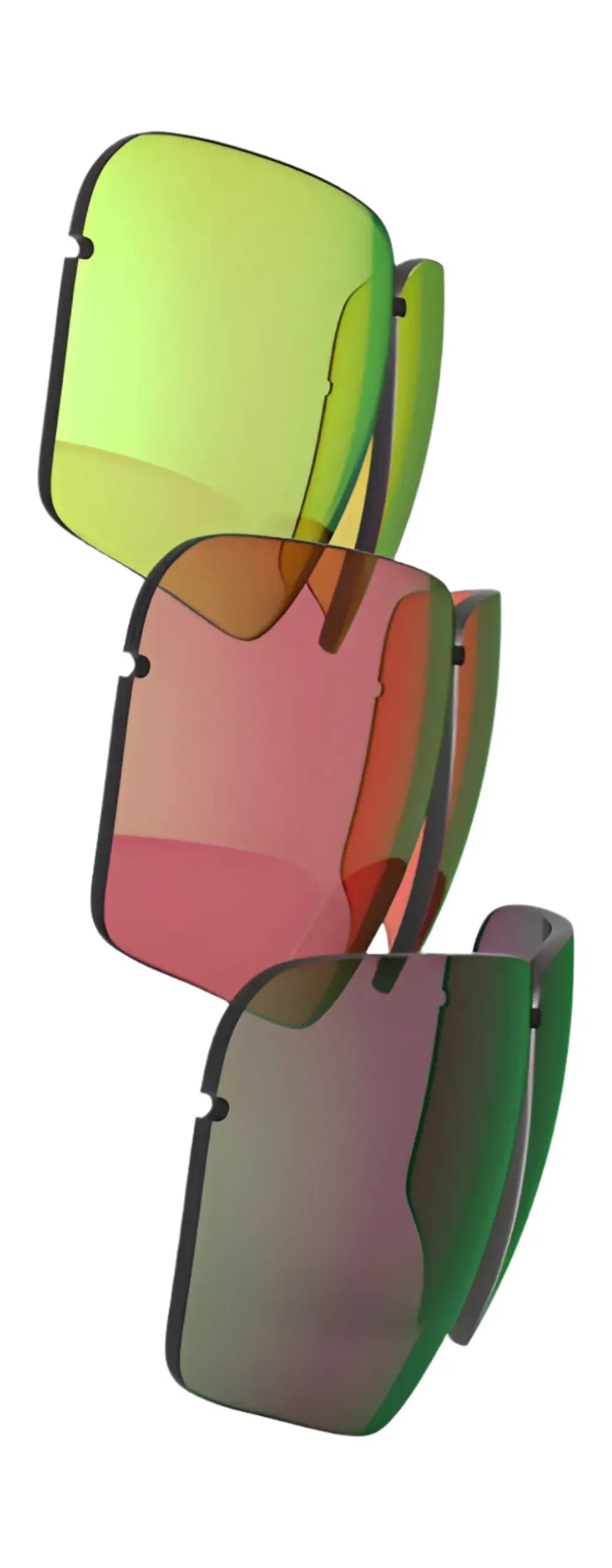 Three vibrant, interchangeable lens colors—green, red, and purple—from the RE Ranger RIACT A.I. Lens Kit by RE Ranger are arranged vertically on a white background. Three vibrant, interchangeable lens colors—green, red, and purple—from the RE Ranger RIACT A.I. Lens Kit by RE Ranger are arranged vertically on a white background.