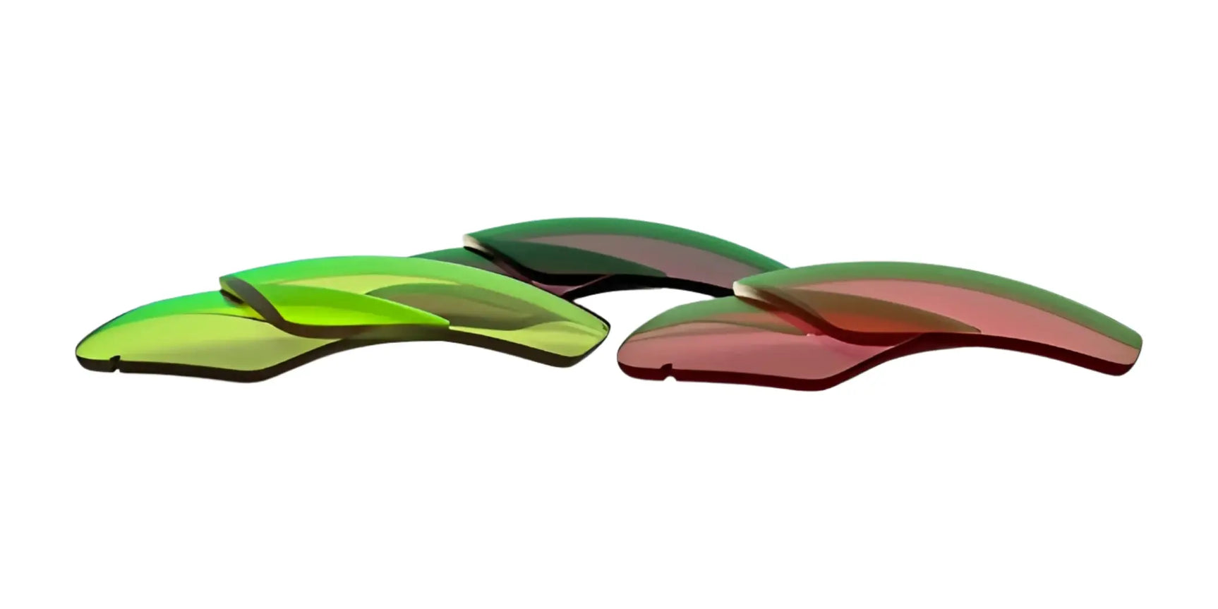 The RE Ranger RIACT A.I. Lens Kit by RE Ranger features four curved HD Fusionate lenses—two green, two red—arranged on a white background. The RE Ranger RIACT A.I. Lens Kit by RE Ranger features four curved HD Fusionate lenses—two green, two red—arranged on a white background.