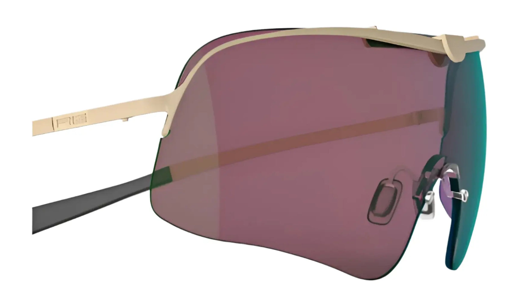 Close-up of RE Ranger RIACT A.I. Falcon Pro Shooting Sunglasses featuring a gold frame and large, purple-tinted shield lenses—engineered for bright light with advanced RIACT A.I. technology. Close-up of RE Ranger RIACT A.I. Falcon Pro Shooting Sunglasses featuring a gold frame and large, purple-tinted shield lenses—engineered for bright light with advanced RIACT A.I. technology.