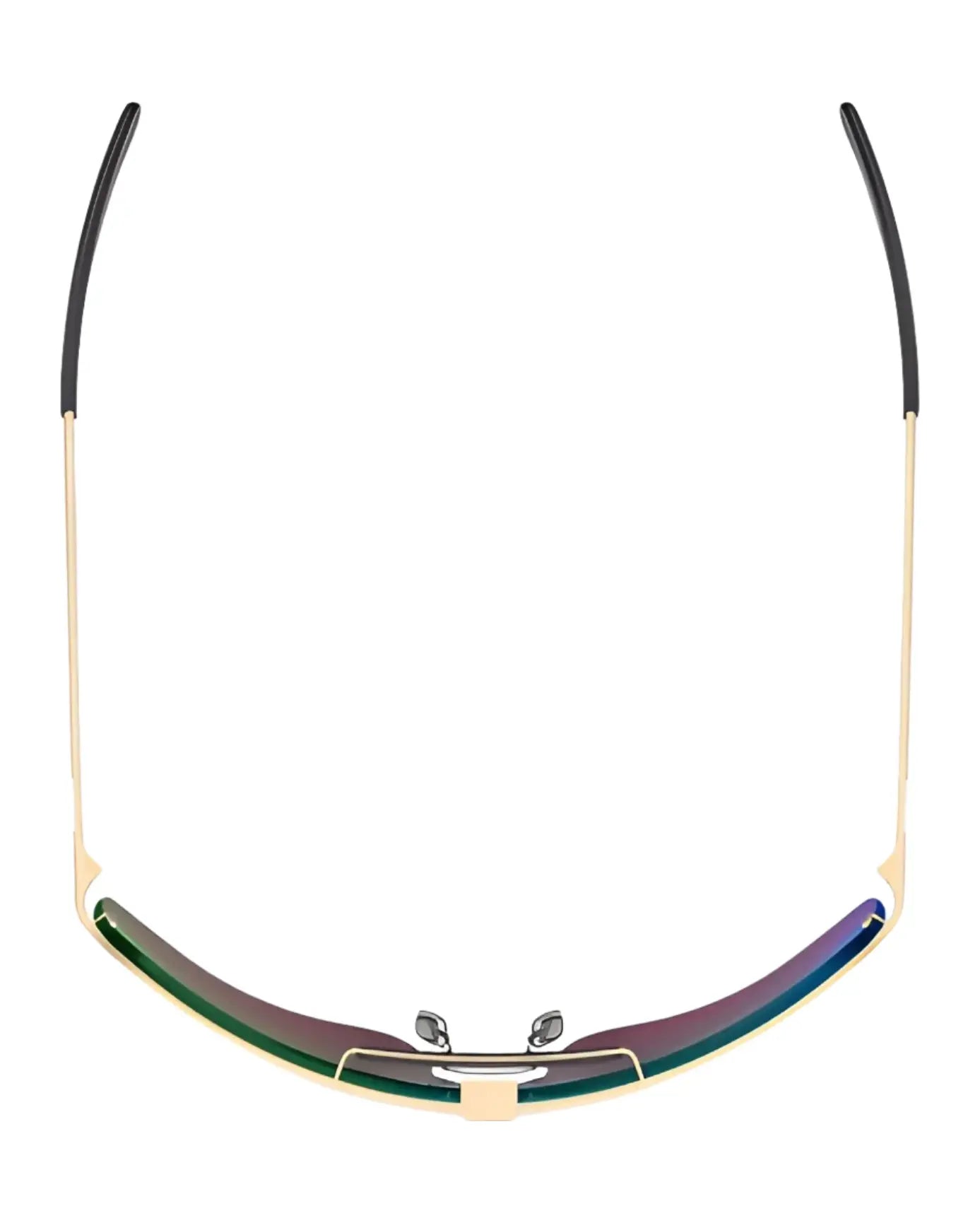 The RE Ranger RIACT A.I. Falcon Pro Shooting Sunglasses feature gold frames, curved reflective rainbow lenses, and black ear tips—ideal for bright light. Shown from above on a white background. The RE Ranger RIACT A.I. Falcon Pro Shooting Sunglasses feature gold frames, curved reflective rainbow lenses, and black ear tips—ideal for bright light. Shown from above on a white background.