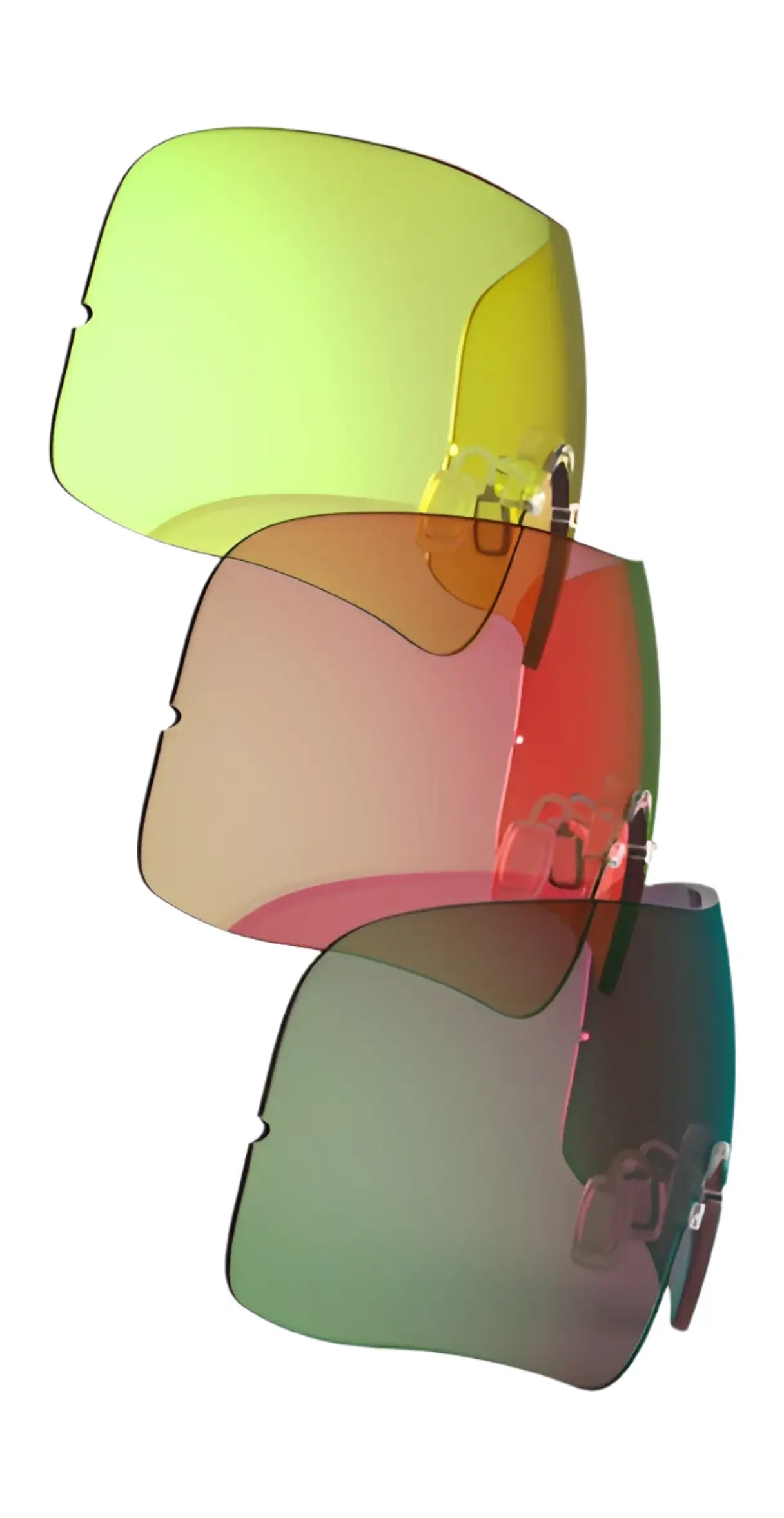 The RE Ranger RIACT A.I. Lens Kit by RE Ranger features three oversized visor sunglasses in yellow, red, and green with HD Fusionate materials, stacked on a white background. The RE Ranger RIACT A.I. Lens Kit by RE Ranger features three oversized visor sunglasses in yellow, red, and green with HD Fusionate materials, stacked on a white background.