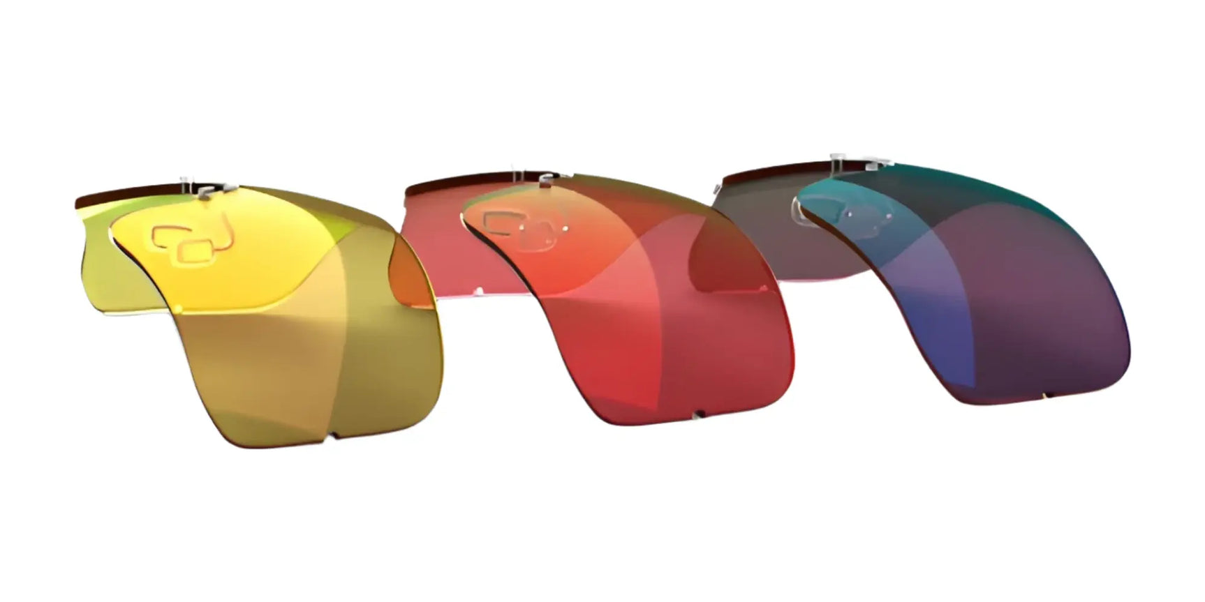 Three pairs of curved RE Ranger RIACT A.I. Lens Kit sunglass lenses by RE Ranger in yellow, red, and blue gradient colors displayed on a white background. Three pairs of curved RE Ranger RIACT A.I. Lens Kit sunglass lenses by RE Ranger in yellow, red, and blue gradient colors displayed on a white background.