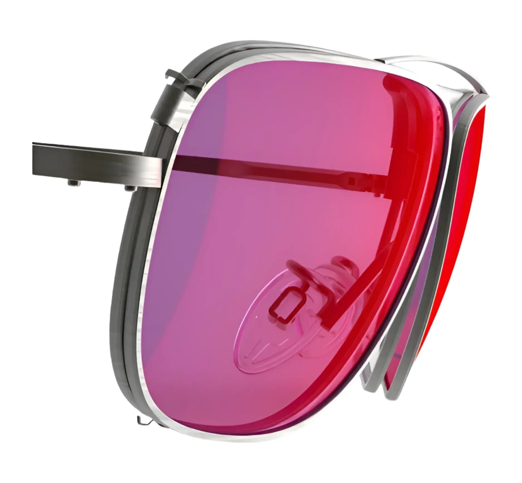 Close-up of RE Ranger Sporter Clip-On Lens with pink-tinted lenses and silver frames, designed to adapt to changing light conditions, shown against a white background. Close-up of RE Ranger Sporter Clip-On Lens with pink-tinted lenses and silver frames, designed to adapt to changing light conditions, shown against a white background.