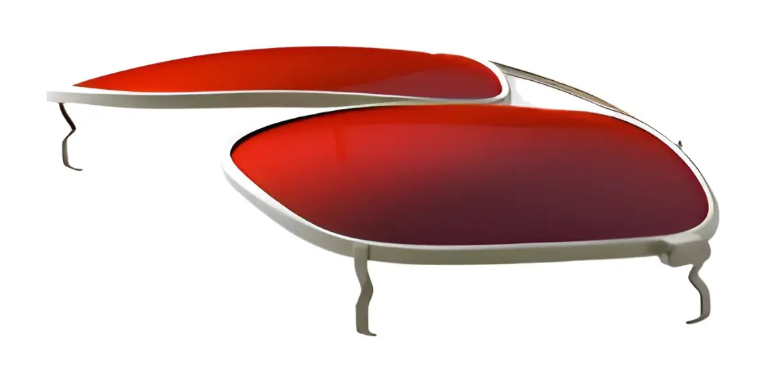 Two RE Ranger Sporter Clip-On Lenses in red tint with slim silver frames, unattached from temples, are shown on a white background—perfect for adapting to changing light conditions. Two RE Ranger Sporter Clip-On Lenses in red tint with slim silver frames, unattached from temples, are shown on a white background—perfect for adapting to changing light conditions.