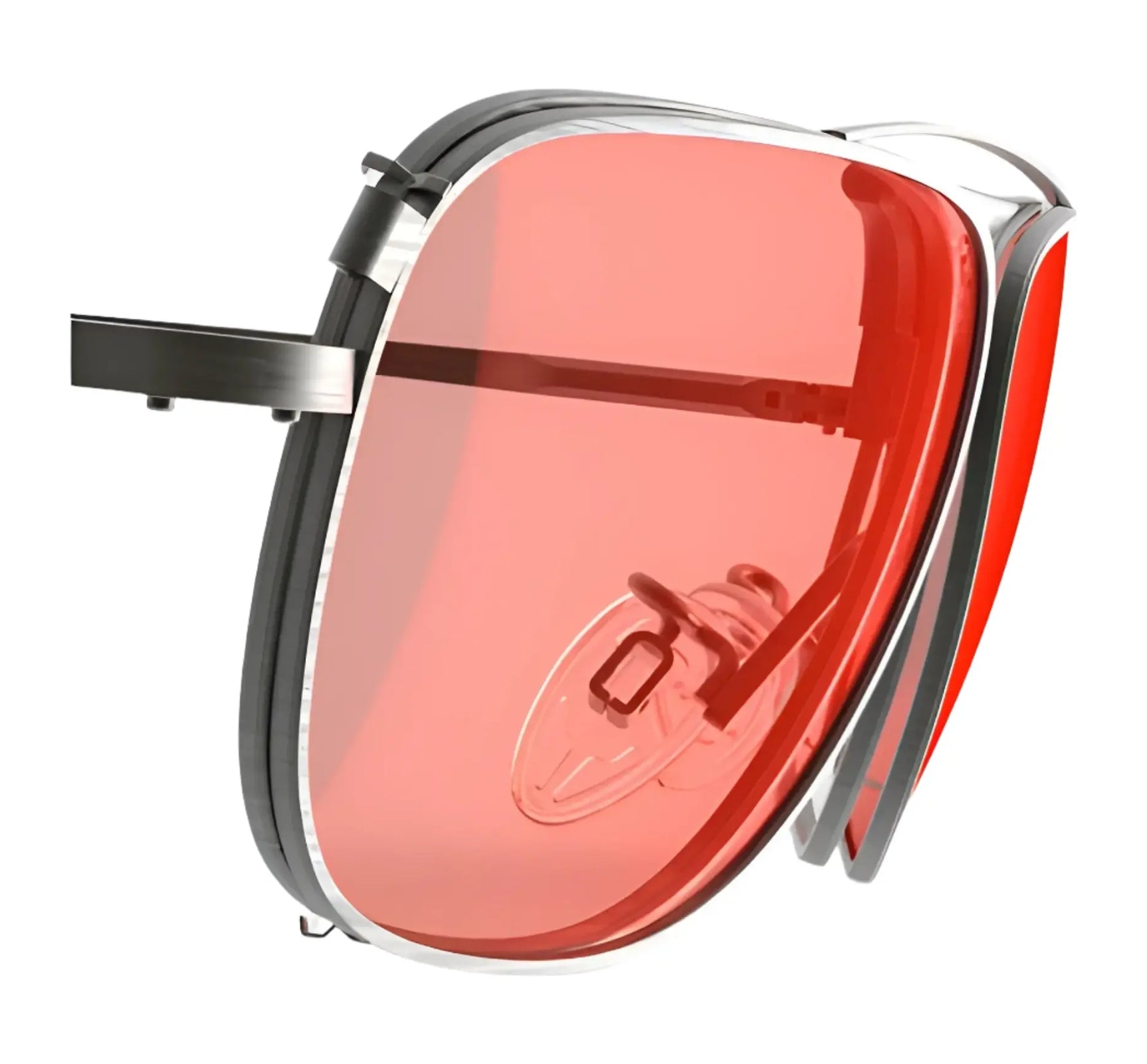 Close-up of the RE Ranger Sporter Clip-On Lens with pink-tinted lenses, silver frame, and nose pad by RE Ranger, isolated on a white background. Close-up of the RE Ranger Sporter Clip-On Lens with pink-tinted lenses, silver frame, and nose pad by RE Ranger, isolated on a white background.