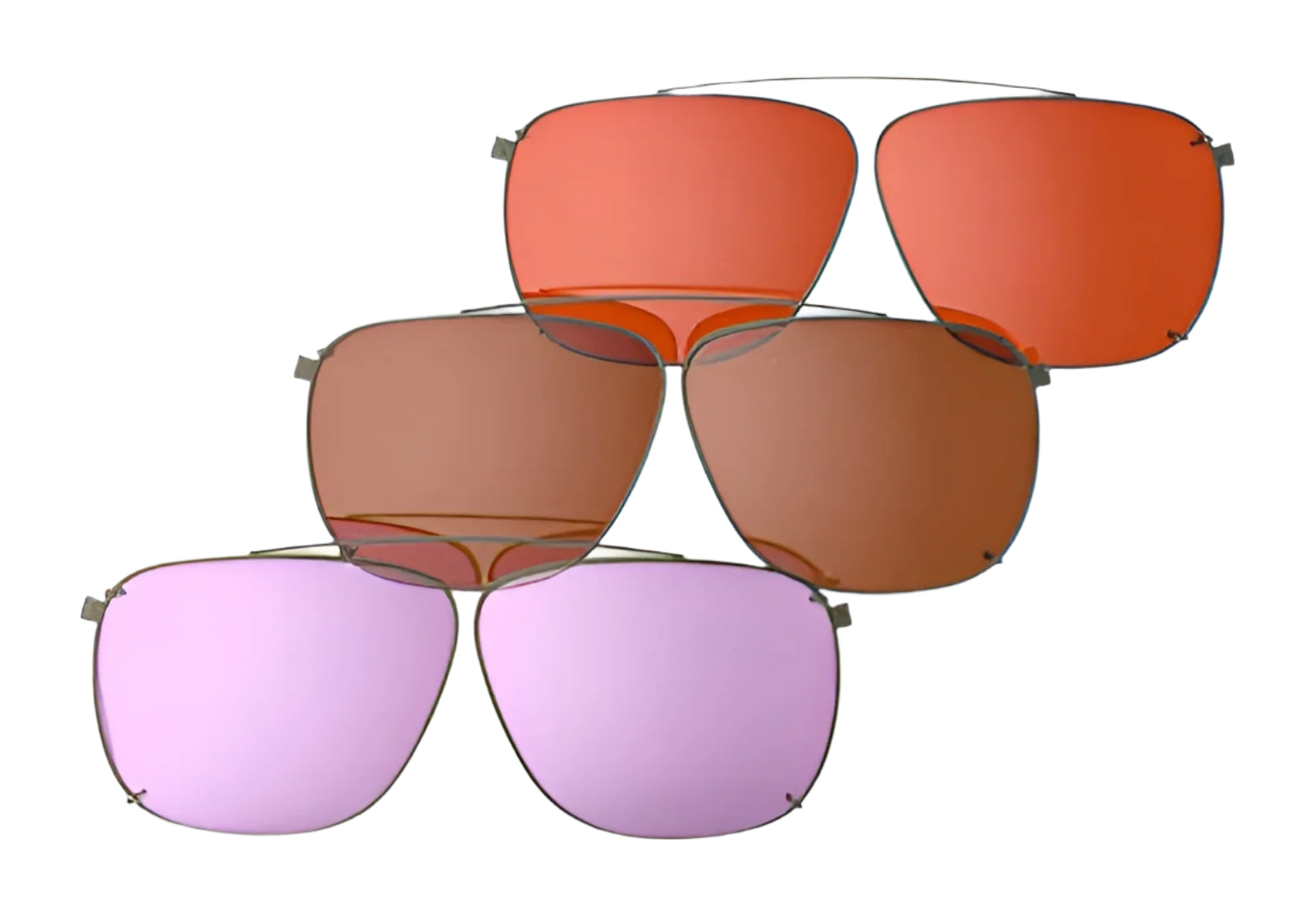 The RE Ranger Sporter Clip-On Lens Kit by RE Ranger includes five pairs of sunglasses with various colored lenses, elegantly displayed in a pyramid formation against a white background. The RE Ranger Sporter Clip-On Lens Kit by RE Ranger includes five pairs of sunglasses with various colored lenses, elegantly displayed in a pyramid formation against a white background.