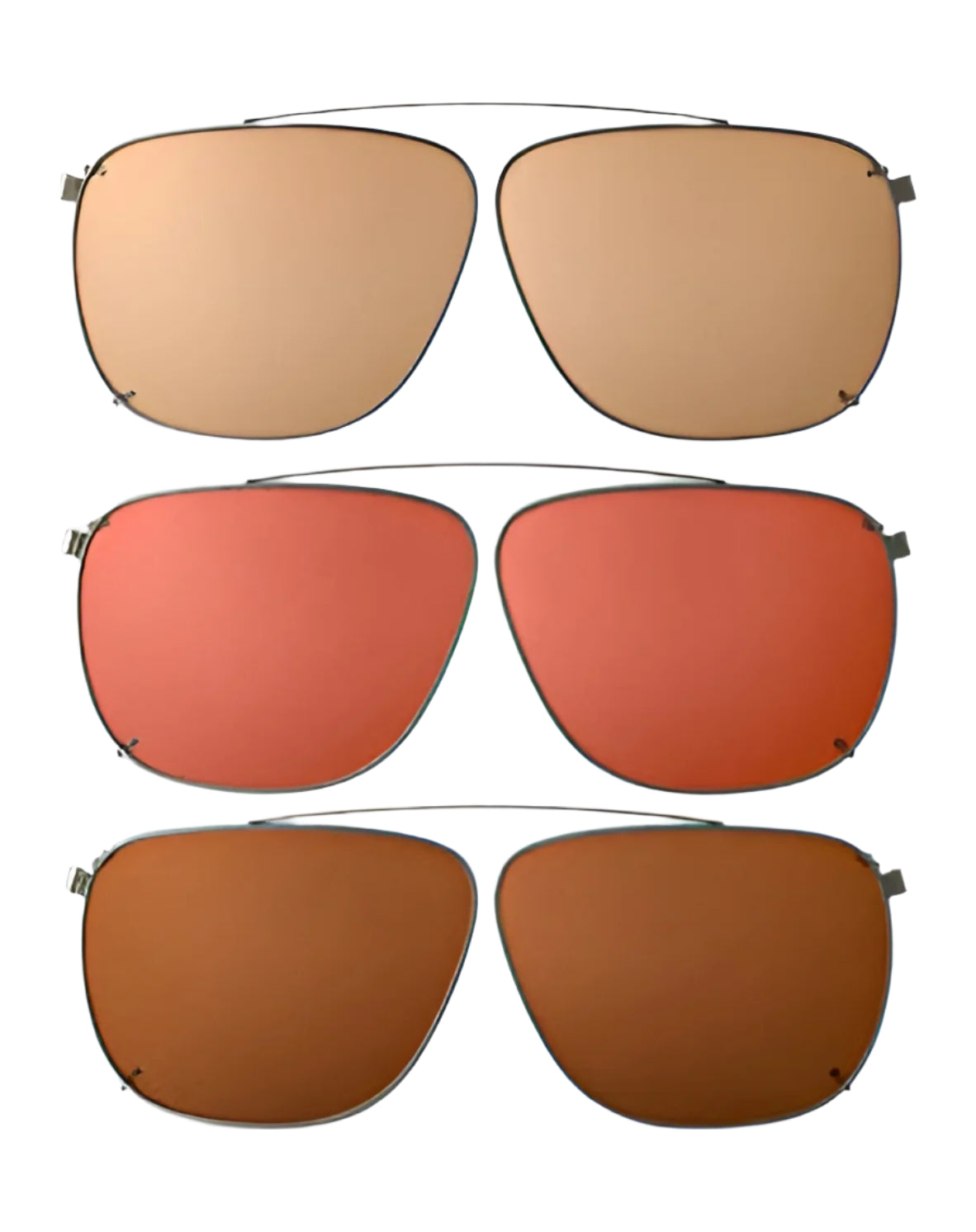 Three pairs of RE Ranger Sporter clip-on sunglasses with different colored lenses—light brown, red, and dark brown—on a white background. Ideal for enhancing your shooting skills, these RE Ranger clip-on lenses offer both style and functionality. Three pairs of RE Ranger Sporter clip-on sunglasses with different colored lenses—light brown, red, and dark brown—on a white background. Ideal for enhancing your shooting skills, these RE Ranger clip-on lenses offer both style and functionality.
