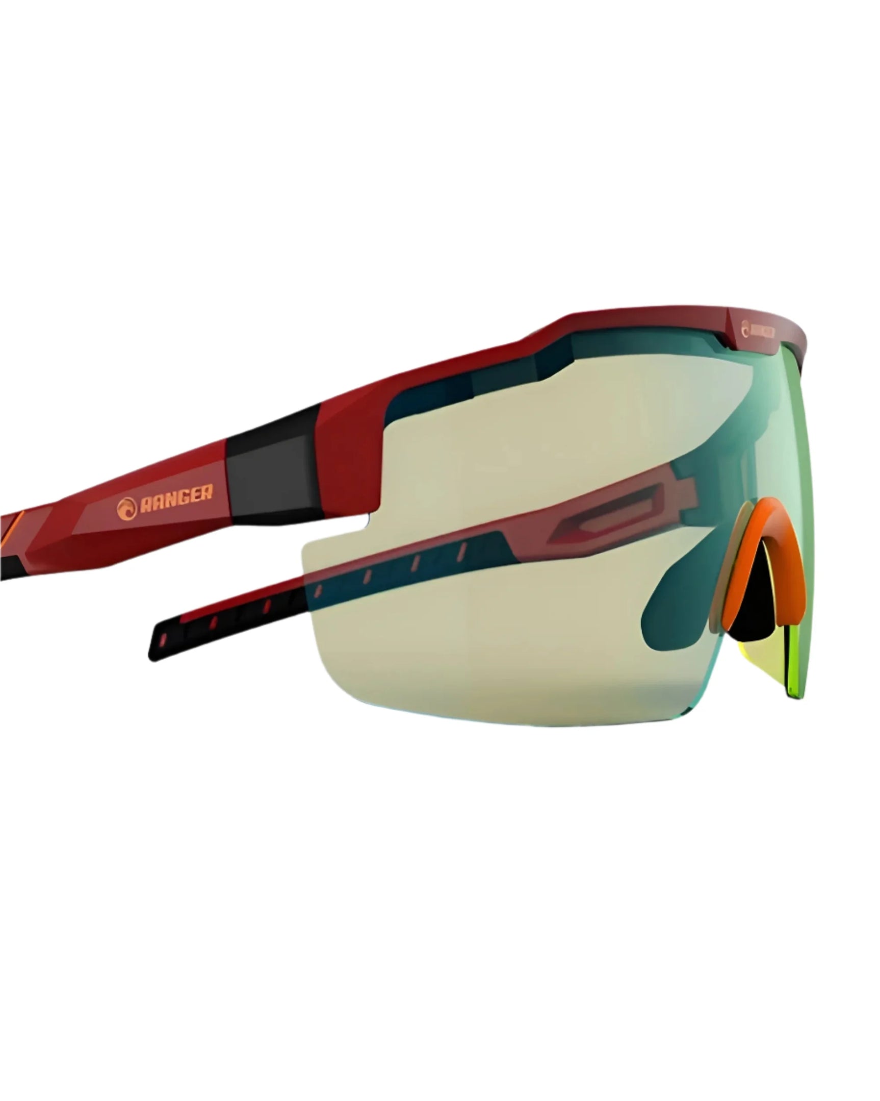 RE Ranger SuperShot Shooting Glasses by RE Ranger in red and black, featuring a large tinted wraparound ClaySight lens and orange nose pads, shown on a white background. RE Ranger SuperShot Shooting Glasses by RE Ranger in red and black, featuring a large tinted wraparound ClaySight lens and orange nose pads, shown on a white background.