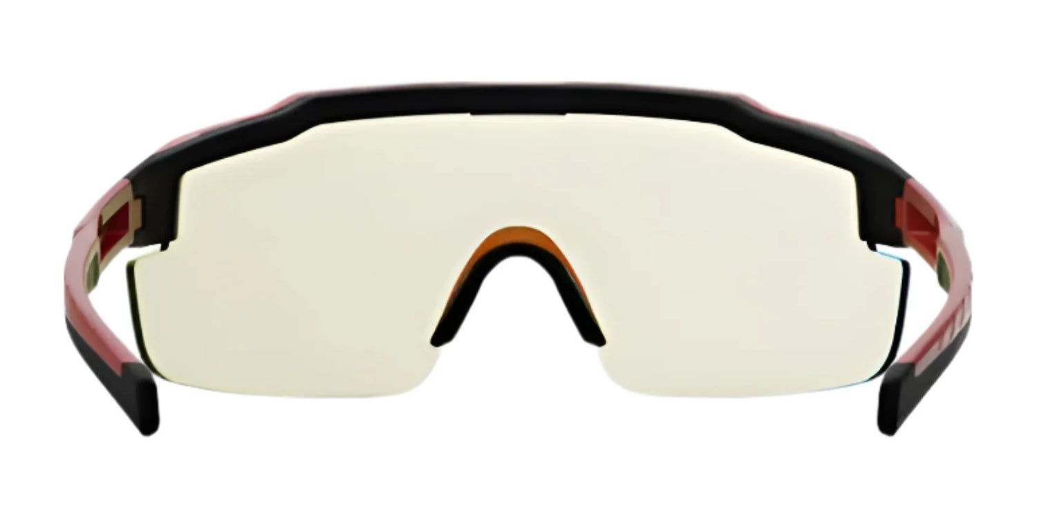 The RE Ranger SuperShot Shooting Glasses by RE Ranger feature a sporty wraparound design, single wide ClaySight lens, black frame with red accents, and a magnetic interchangeable frame, ideal for active lifestyles. Shown on a white background. The RE Ranger SuperShot Shooting Glasses by RE Ranger feature a sporty wraparound design, single wide ClaySight lens, black frame with red accents, and a magnetic interchangeable frame, ideal for active lifestyles. Shown on a white background.