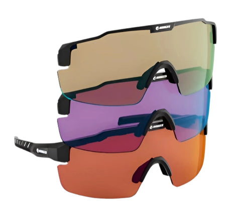 Three pairs of RE Ranger SuperShot Shooting Glasses, featuring gold, purple, and orange reflective lenses, are stacked together. Magnetic interchangeable frames allow effortless style swaps from the RE Ranger brand. Three pairs of RE Ranger SuperShot Shooting Glasses, featuring gold, purple, and orange reflective lenses, are stacked together. Magnetic interchangeable frames allow effortless style swaps from the RE Ranger brand.