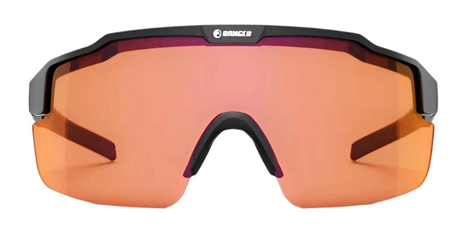 Front view of RE Ranger SuperShot Shooting Glasses by RE Ranger, featuring ClaySight lenses, an orange tint, sleek black wraparound design, and a magnetic interchangeable frame for easy lens changes. Front view of RE Ranger SuperShot Shooting Glasses by RE Ranger, featuring ClaySight lenses, an orange tint, sleek black wraparound design, and a magnetic interchangeable frame for easy lens changes.