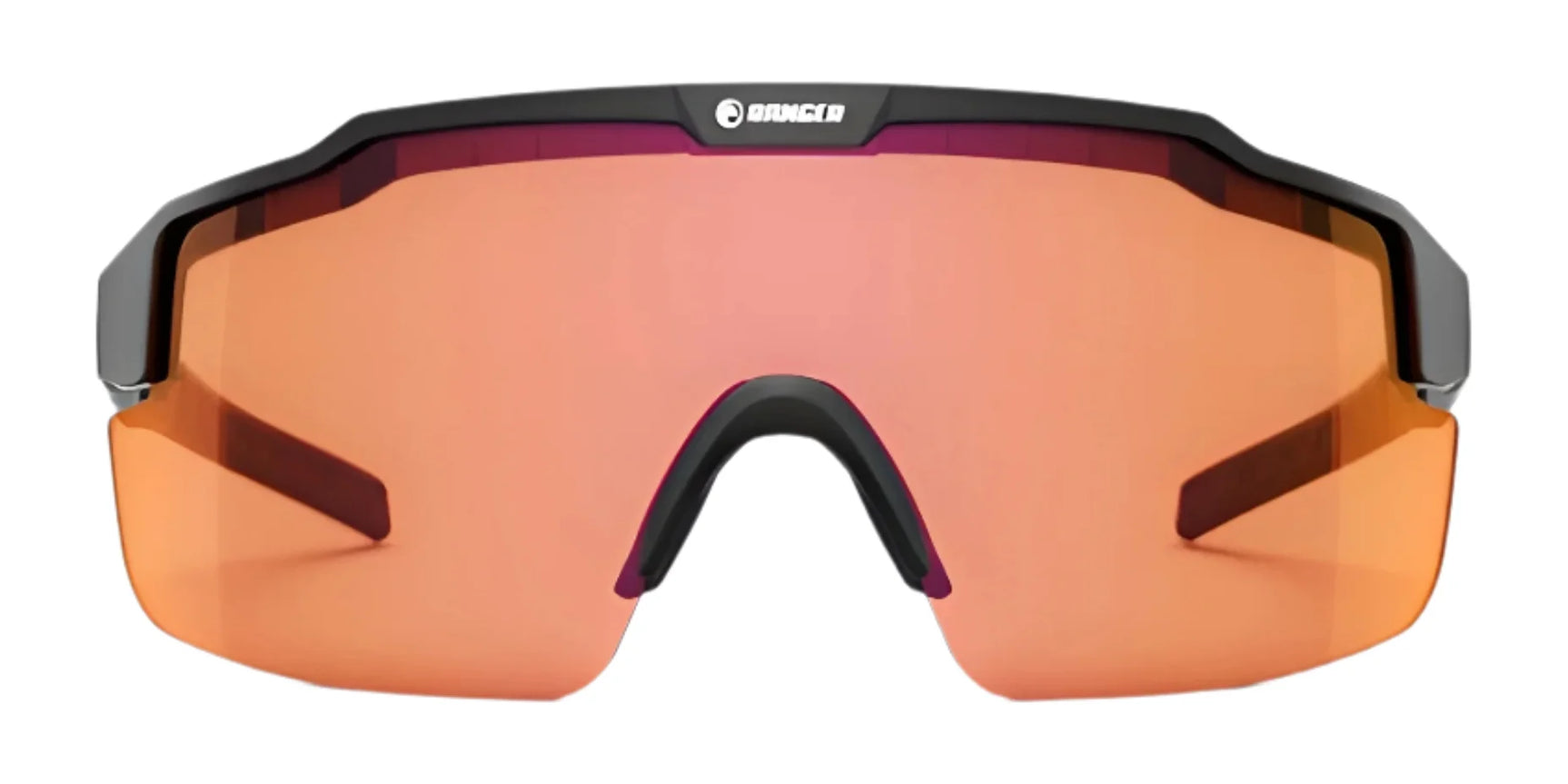 Front view of RE Ranger SuperShot Shooting Glasses by RE Ranger, featuring ClaySight lenses, an orange tint, sleek black wraparound design, and a magnetic interchangeable frame for easy lens changes. Front view of RE Ranger SuperShot Shooting Glasses by RE Ranger, featuring ClaySight lenses, an orange tint, sleek black wraparound design, and a magnetic interchangeable frame for easy lens changes.