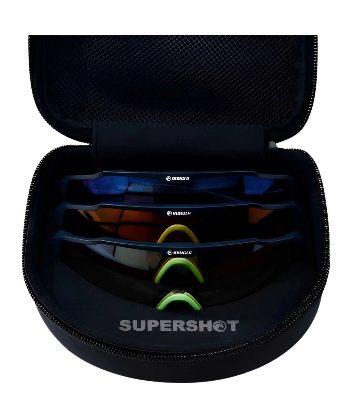 Three pairs of RE Ranger SuperShot Shooting Glasses with magnetic interchangeable frames and ClaySight lenses in a black case with a mesh pocket inside the lid. Three pairs of RE Ranger SuperShot Shooting Glasses with magnetic interchangeable frames and ClaySight lenses in a black case with a mesh pocket inside the lid.