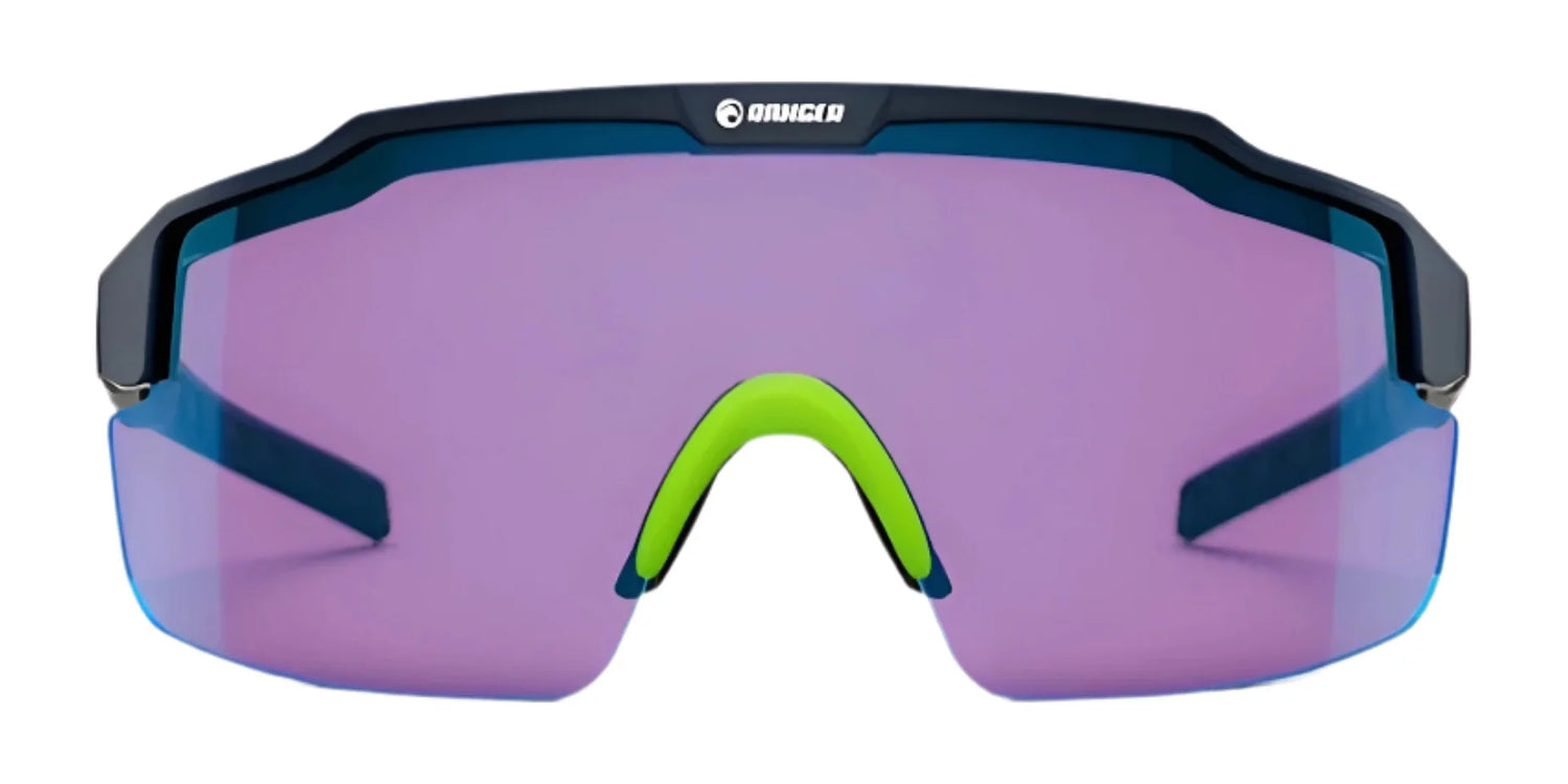 The RE Ranger SuperShot Shooting Glasses by RE Ranger feature a single ClaySight lens, black frame, and green nosepiece in a purple sports sunglasses design, shown from the front. The RE Ranger SuperShot Shooting Glasses by RE Ranger feature a single ClaySight lens, black frame, and green nosepiece in a purple sports sunglasses design, shown from the front.