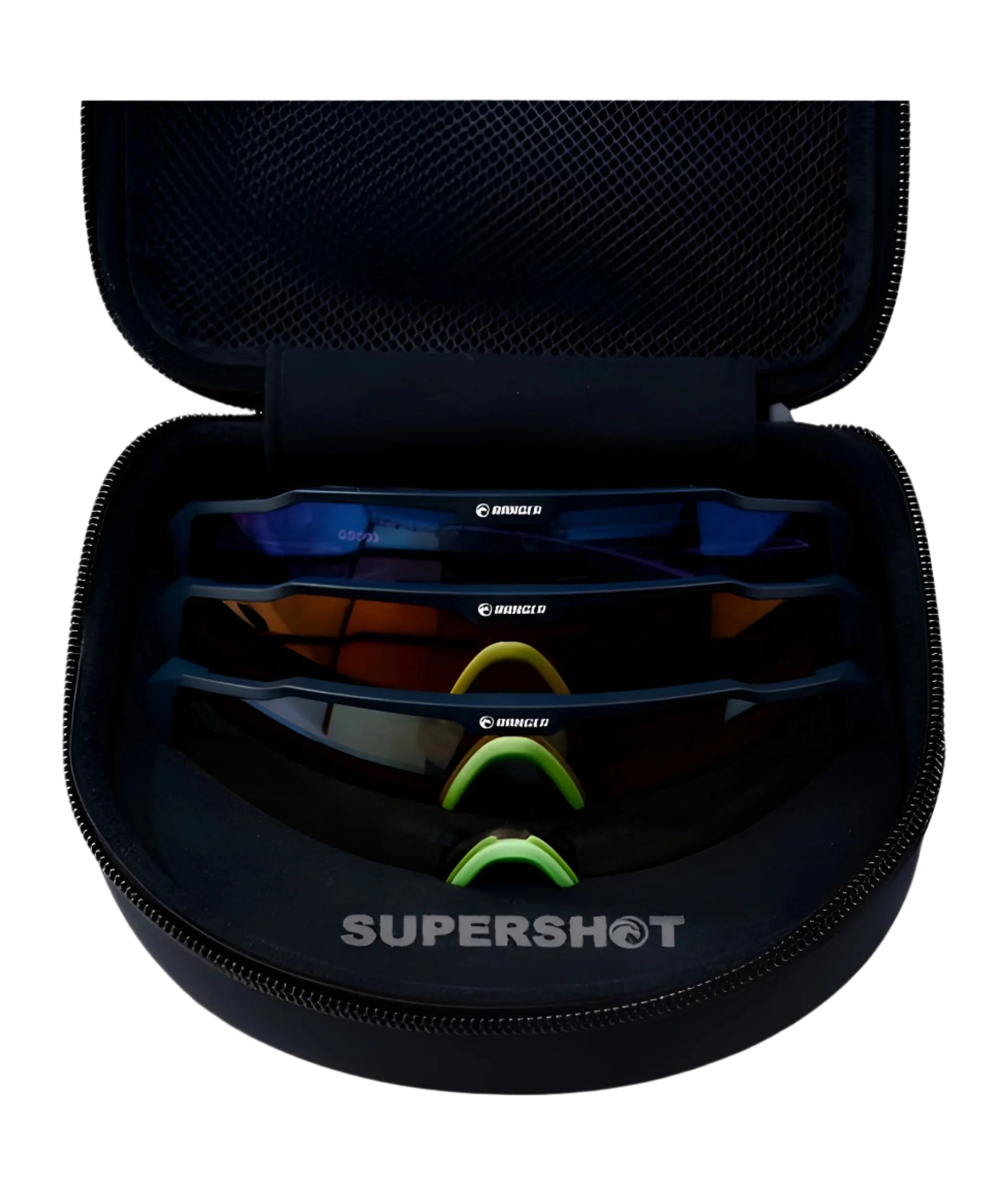 Three pairs of RE Ranger SuperShot Shooting Glasses in a black RE Ranger case with mesh pocket and zipper, featuring magnetic interchangeable frames for fast lens changes. Three pairs of RE Ranger SuperShot Shooting Glasses in a black RE Ranger case with mesh pocket and zipper, featuring magnetic interchangeable frames for fast lens changes.