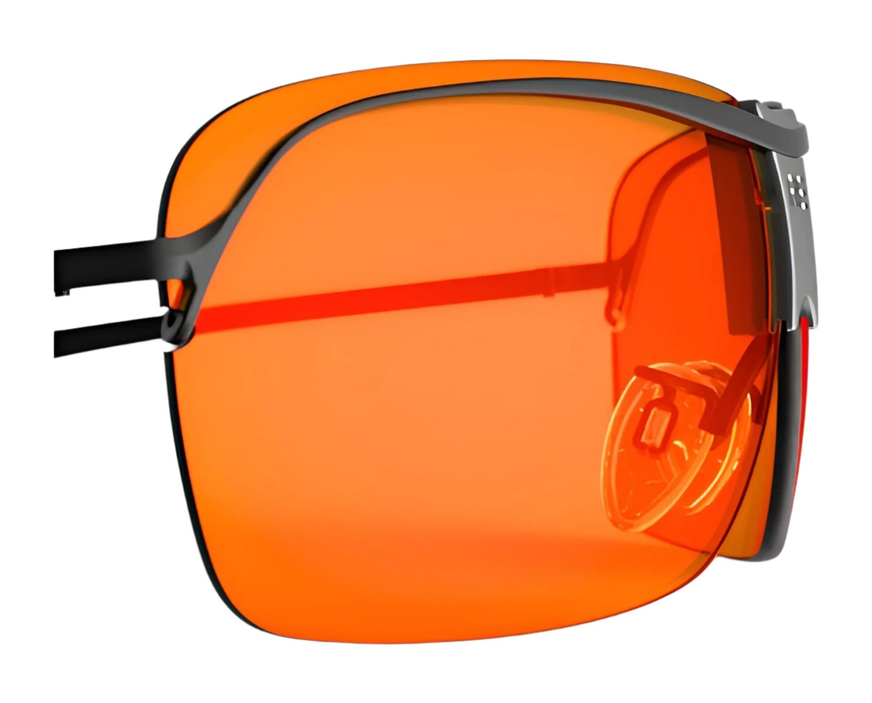 Close-up of RE Ranger XLW Lens with orange-tinted shooting lenses, black frame, and nose pad by RE Ranger, isolated on a white background. Close-up of RE Ranger XLW Lens with orange-tinted shooting lenses, black frame, and nose pad by RE Ranger, isolated on a white background.
