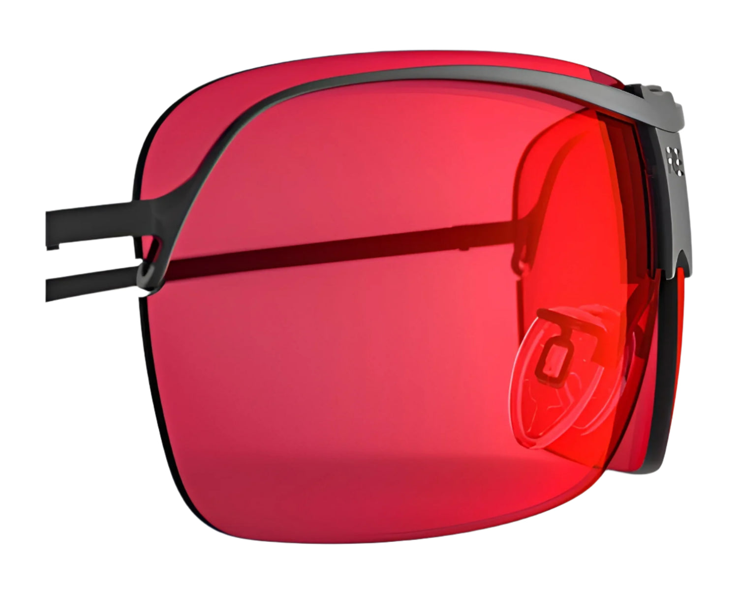 The RE Ranger XLW Lens features large, square, red-tinted shooting lenses set in thin black frames with a visible nose pad, displayed on a white background. The RE Ranger XLW Lens features large, square, red-tinted shooting lenses set in thin black frames with a visible nose pad, displayed on a white background.