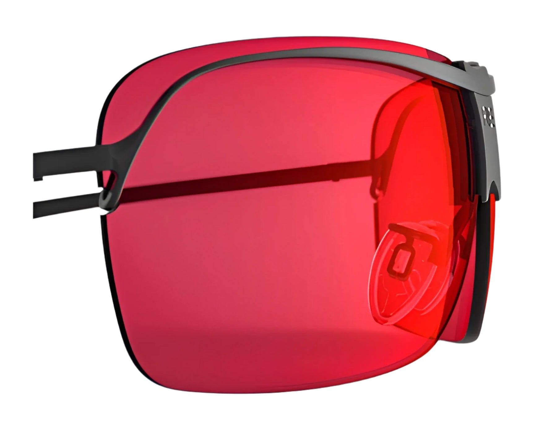 The RE Ranger XLW Lens features large, square, red-tinted shooting lenses set in thin black frames with a visible nose pad, displayed on a white background. The RE Ranger XLW Lens features large, square, red-tinted shooting lenses set in thin black frames with a visible nose pad, displayed on a white background.