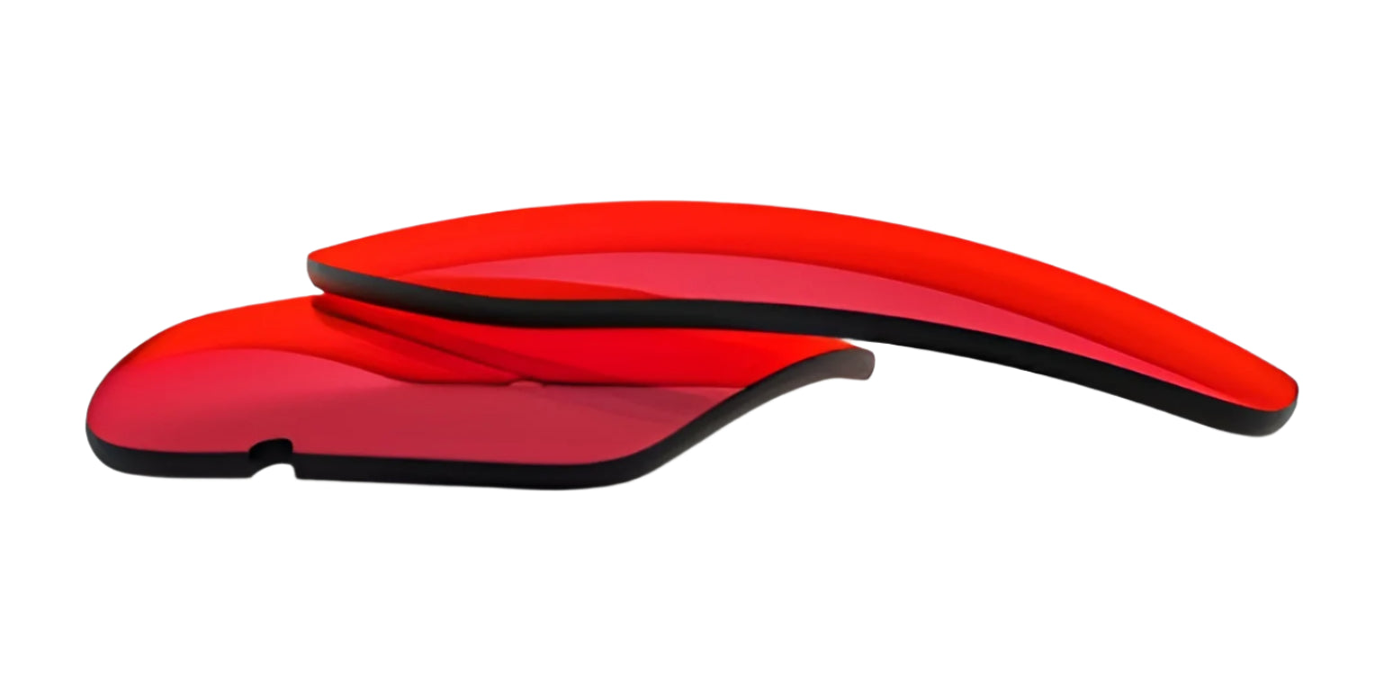 Two overlapping, curved RE Ranger XLW shooting lenses with red tint and black edges from RE Ranger rest on a white background. Two overlapping, curved RE Ranger XLW shooting lenses with red tint and black edges from RE Ranger rest on a white background.