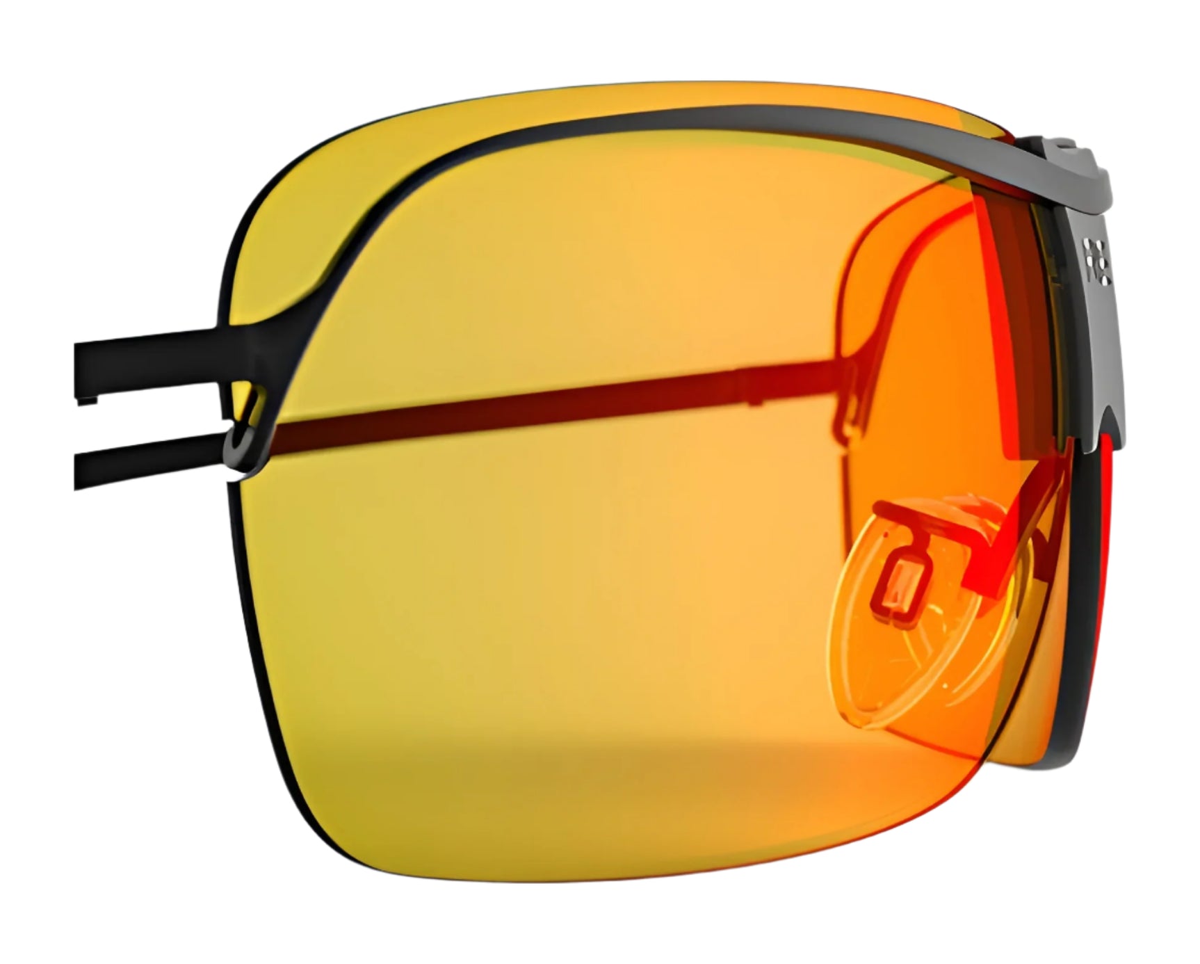 RE Ranger XLW Lens by RE Ranger: square, frameless sunglasses featuring orange-yellow gradient shooting lenses and black temples, displayed on a white background. RE Ranger XLW Lens by RE Ranger: square, frameless sunglasses featuring orange-yellow gradient shooting lenses and black temples, displayed on a white background.