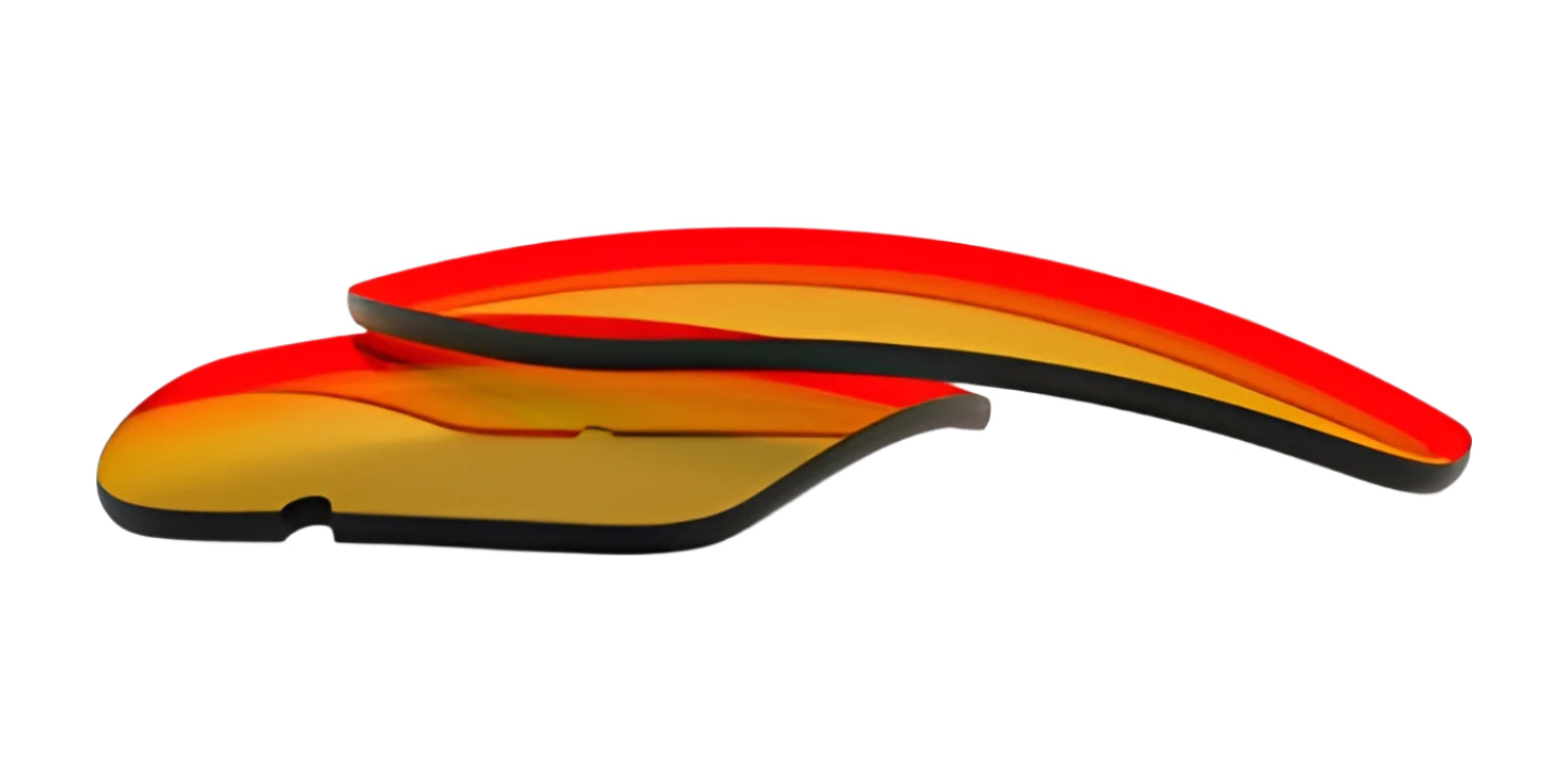 Two curved, layered RE Ranger XLW Lenses by RE Ranger, featuring a yellow base, black edge, and bright red upper surface—resembling vibrant shooting frames—are displayed against a white background. Two curved, layered RE Ranger XLW Lenses by RE Ranger, featuring a yellow base, black edge, and bright red upper surface—resembling vibrant shooting frames—are displayed against a white background.