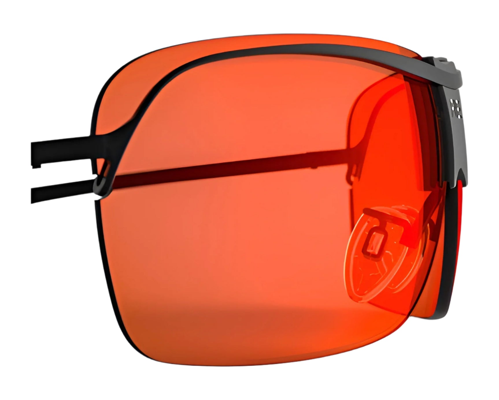 The RE Ranger XLW Lens features orange-tinted shooting lenses and a sleek, frameless RE Ranger XLW frame with black arms, shown in a side profile. The RE Ranger XLW Lens features orange-tinted shooting lenses and a sleek, frameless RE Ranger XLW frame with black arms, shown in a side profile.