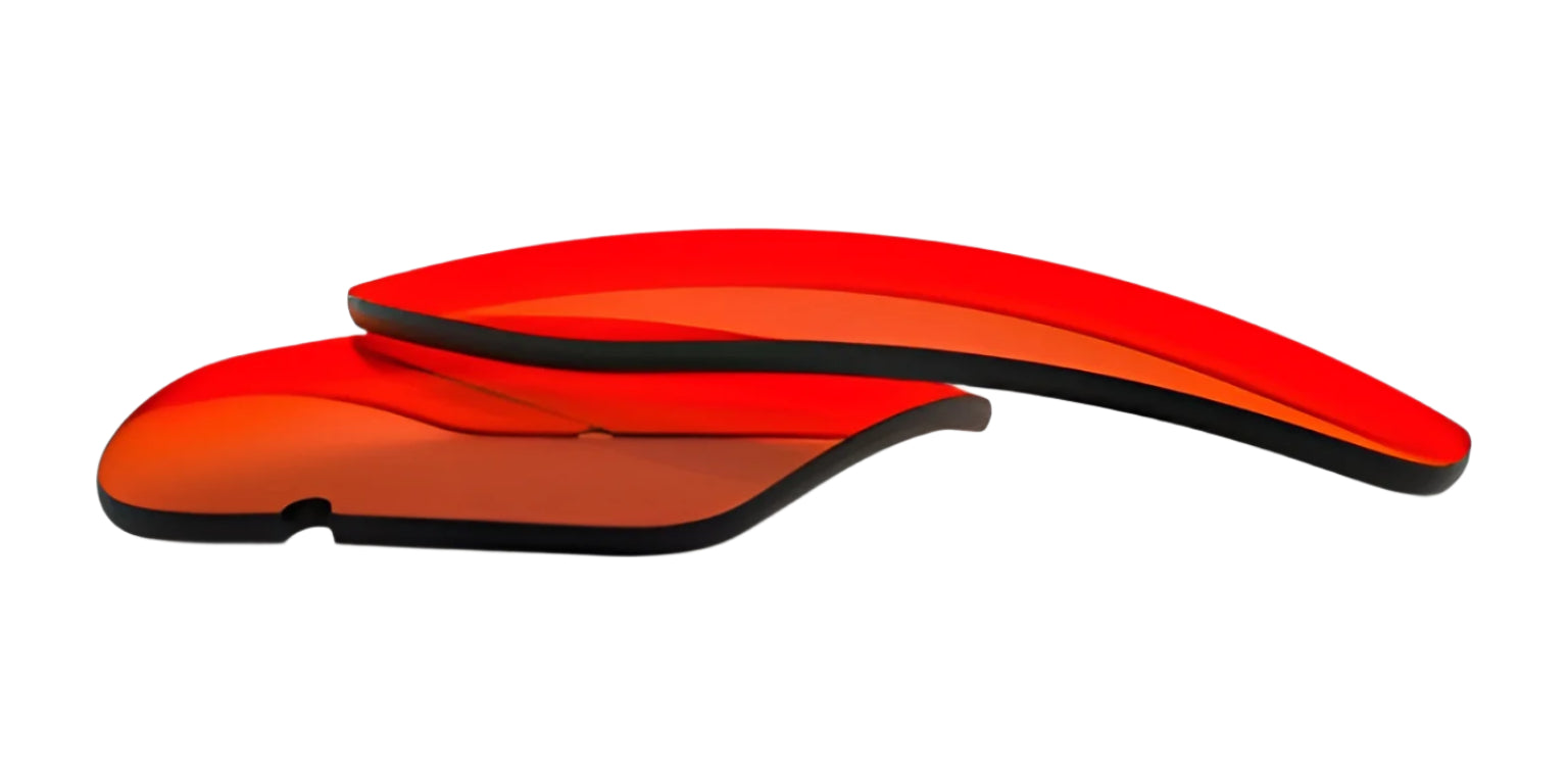 Two curved, angular RE Ranger XLW red-orange lenses by RE Ranger are stacked on a white background, providing bold style and clarity. Two curved, angular RE Ranger XLW red-orange lenses by RE Ranger are stacked on a white background, providing bold style and clarity.