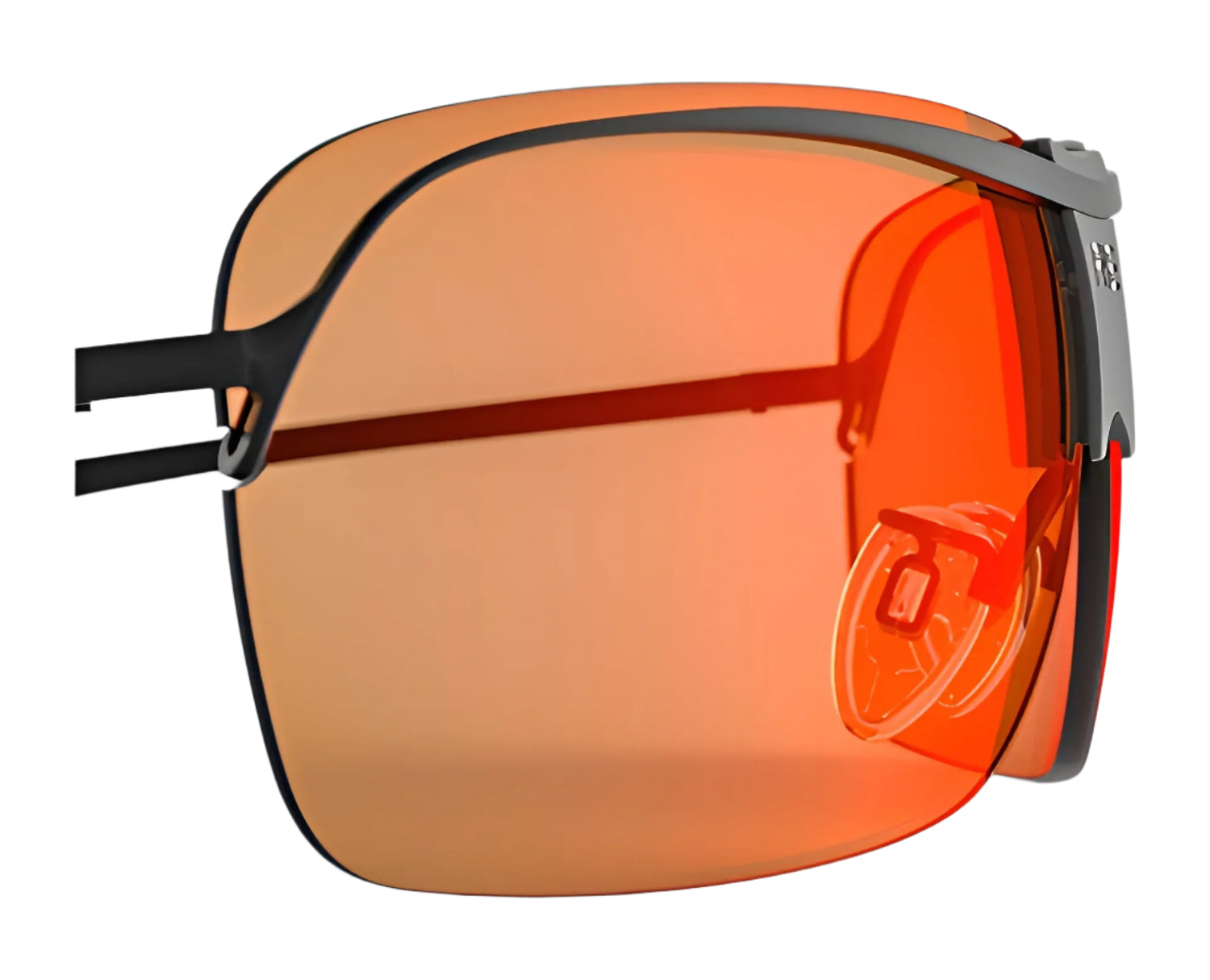 The RE Ranger XLW Lens features an orange-tinted shield with black XLW frames, shown angled on a white background—a stylish alternative to clear shooting lenses from RE Ranger. The RE Ranger XLW Lens features an orange-tinted shield with black XLW frames, shown angled on a white background—a stylish alternative to clear shooting lenses from RE Ranger.