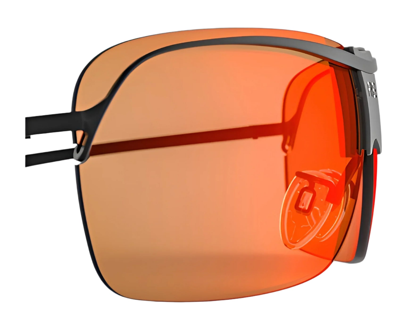 The RE Ranger XLW Lens features an orange-tinted shield with black XLW frames, shown angled on a white background—a stylish alternative to clear shooting lenses from RE Ranger. The RE Ranger XLW Lens features an orange-tinted shield with black XLW frames, shown angled on a white background—a stylish alternative to clear shooting lenses from RE Ranger.