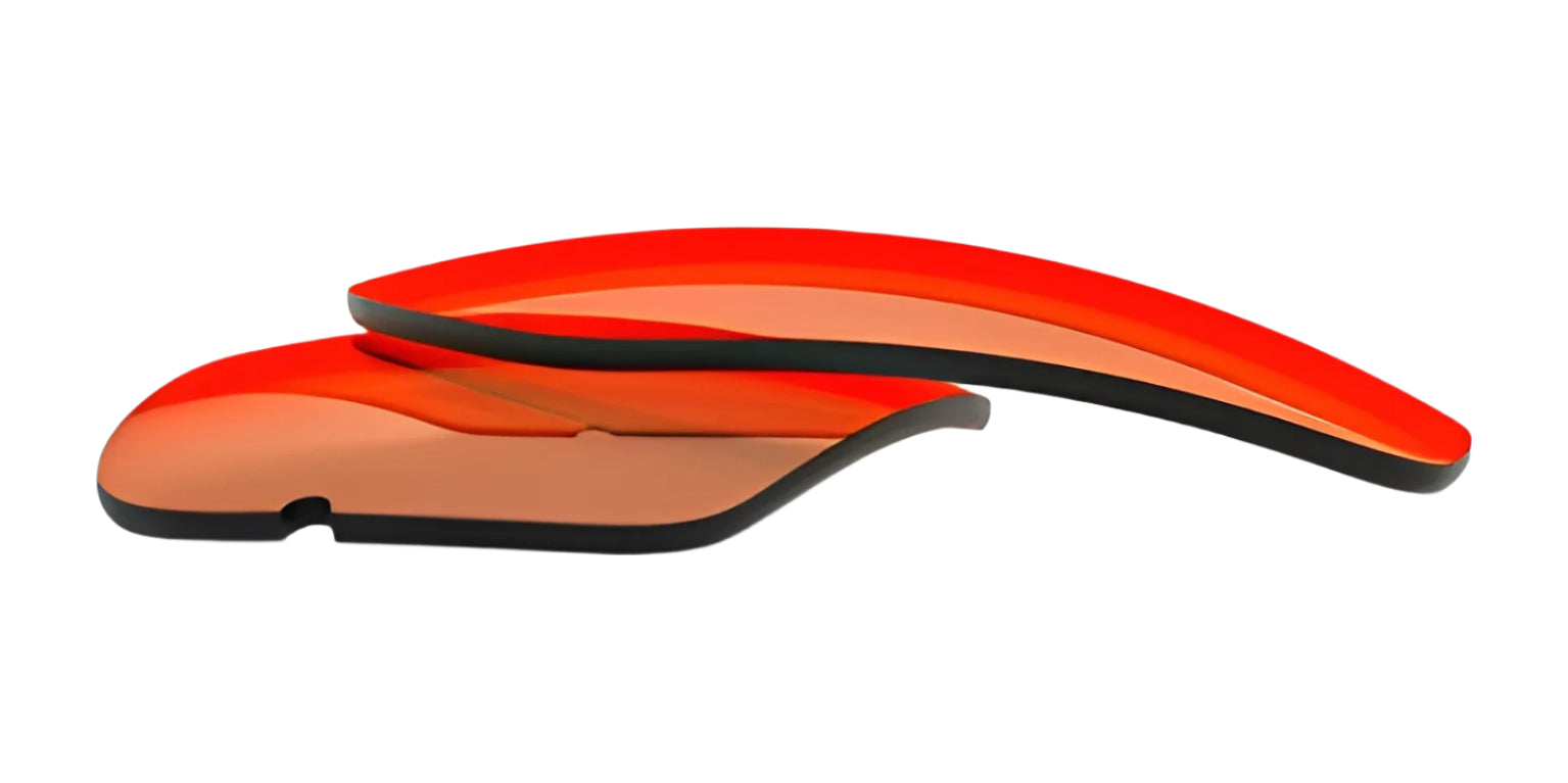 Two RE Ranger XLW orange-tinted curved shooting lenses are stacked on a white background. Two RE Ranger XLW orange-tinted curved shooting lenses are stacked on a white background.