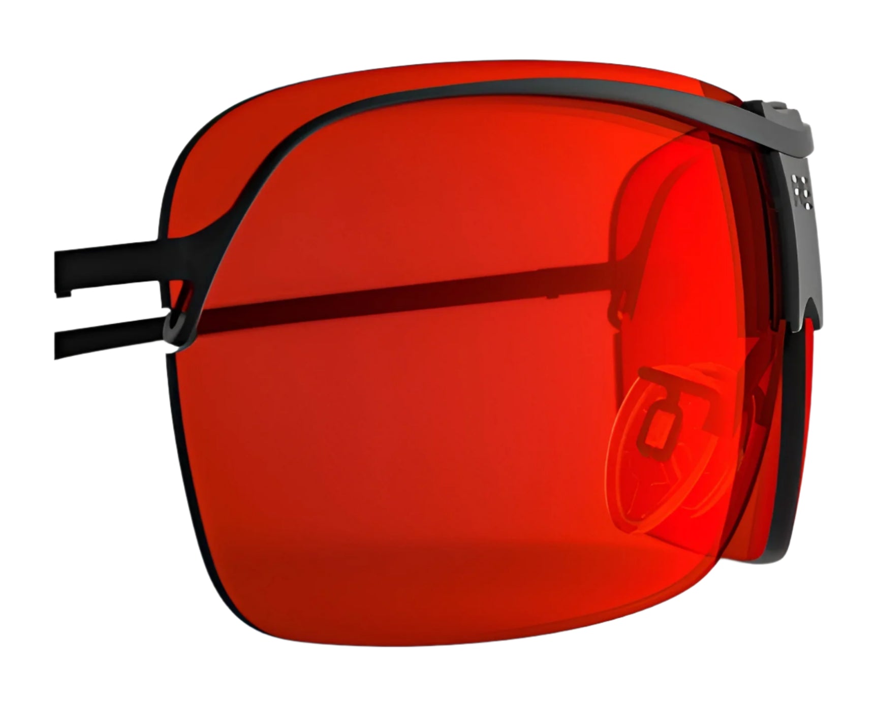 The RE Ranger XLW Lens by RE Ranger features red-tinted, wraparound visor-style sunglasses with durable black XLW frames, shown on a white background. The RE Ranger XLW Lens by RE Ranger features red-tinted, wraparound visor-style sunglasses with durable black XLW frames, shown on a white background.