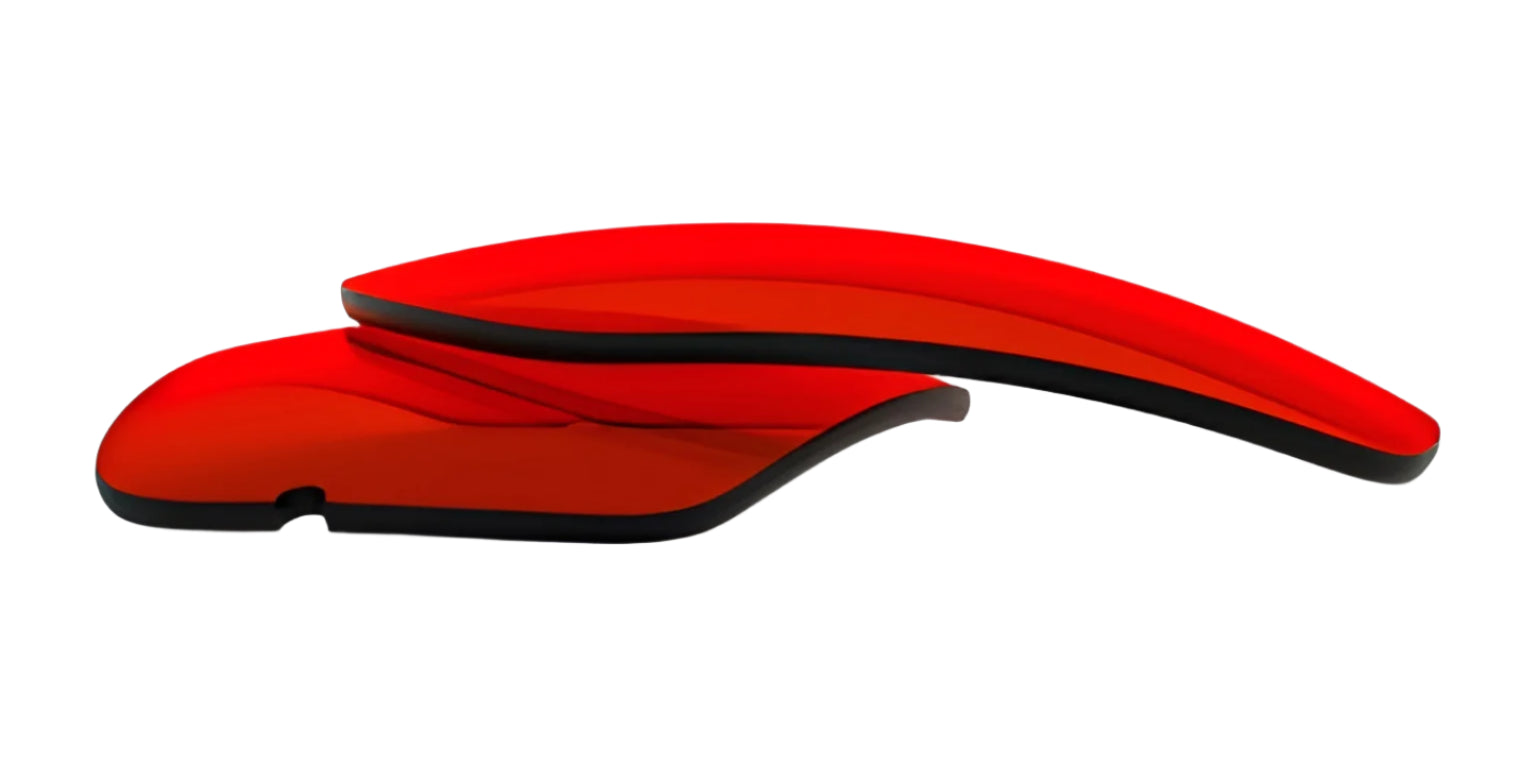 A sleek, modern red wireless computer mouse with a curved, ergonomic design sits beside RE Ranger XLW Lens by RE Ranger on a white background. A sleek, modern red wireless computer mouse with a curved, ergonomic design sits beside RE Ranger XLW Lens by RE Ranger on a white background.