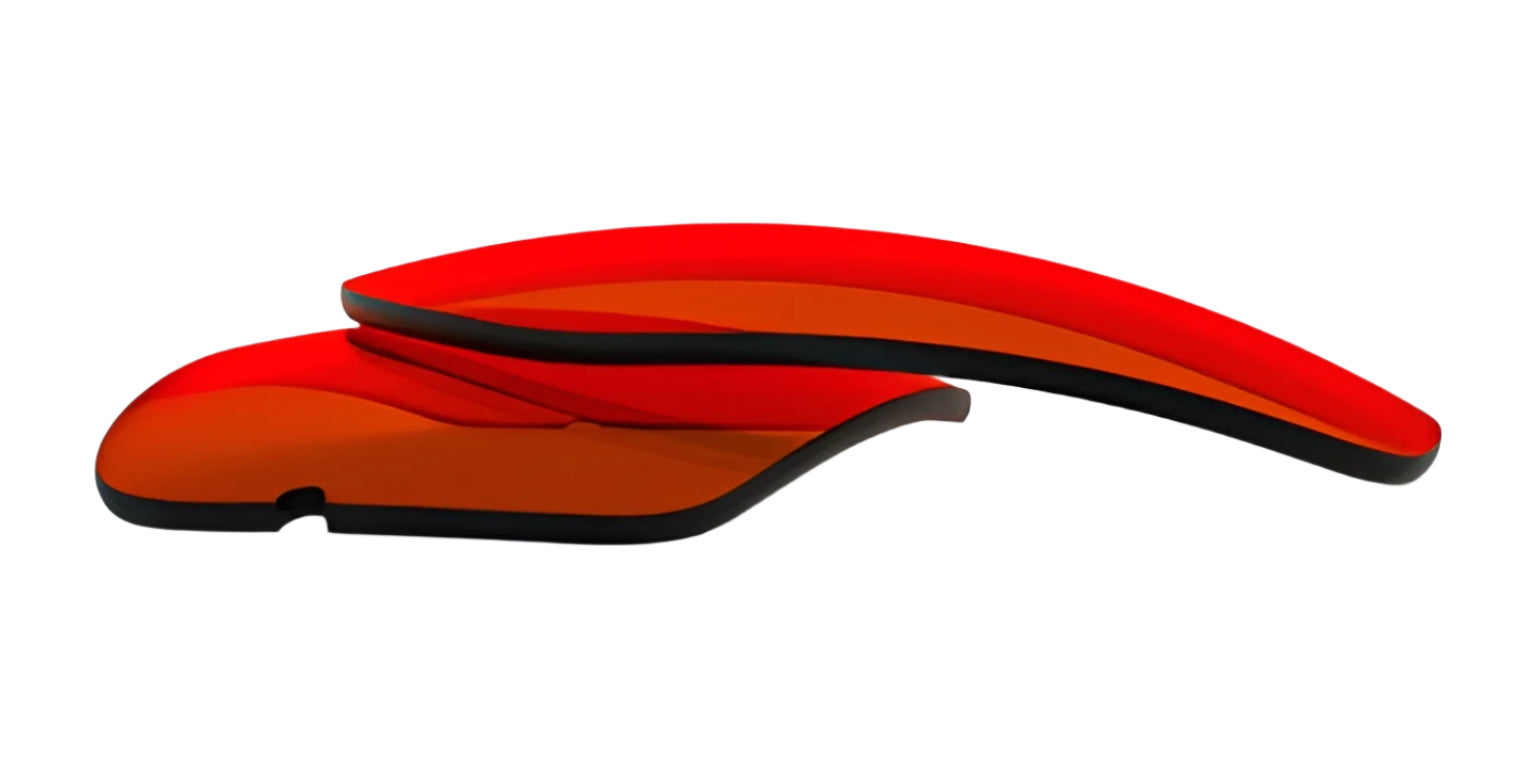 Two abstract, curved red and orange shapes stacked on white evoke the dynamic silhouette of RE Ranger XLW Lens by RE Ranger. Two abstract, curved red and orange shapes stacked on white evoke the dynamic silhouette of RE Ranger XLW Lens by RE Ranger.