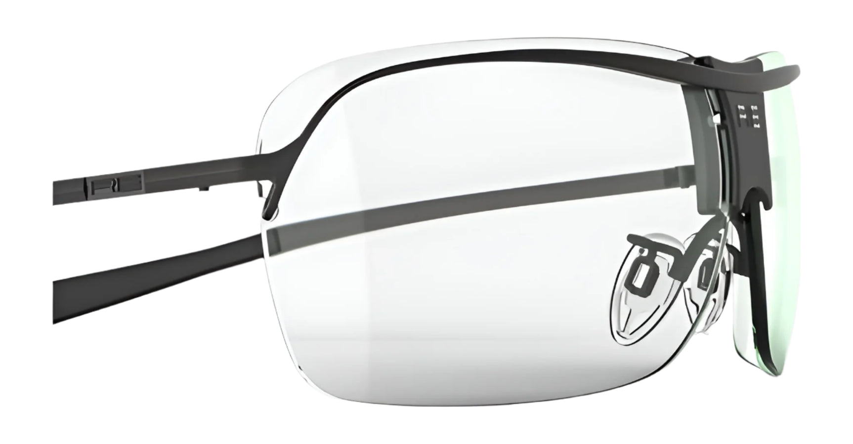 The RE Ranger XLW Shooting Glasses, by RE Ranger, are sleek and rimless with thin black arms and green-tinted lenses. They include an adjustable nose bridge for a personalized fit, shown in a side view. The RE Ranger XLW Shooting Glasses, by RE Ranger, are sleek and rimless with thin black arms and green-tinted lenses. They include an adjustable nose bridge for a personalized fit, shown in a side view.