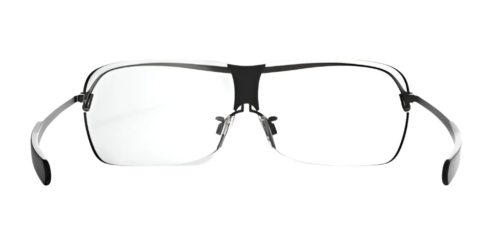 The RE Ranger XLW Shooting Glasses feature rectangular rimless lenses with a black bridge and temples, an adjustable nose bridge, and are set against a white background. The RE Ranger XLW Shooting Glasses feature rectangular rimless lenses with a black bridge and temples, an adjustable nose bridge, and are set against a white background.