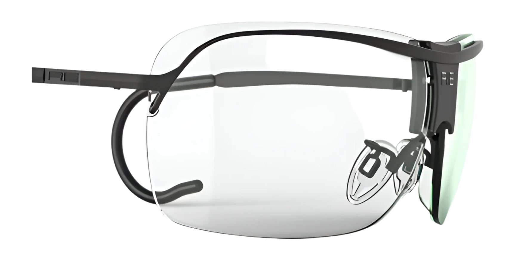 The RE Ranger XLW Shooting Glasses, by RE Ranger, feature a sleek frameless design with thin black arms and an adjustable nose bridge, viewed from the side. The RE Ranger XLW Shooting Glasses, by RE Ranger, feature a sleek frameless design with thin black arms and an adjustable nose bridge, viewed from the side.