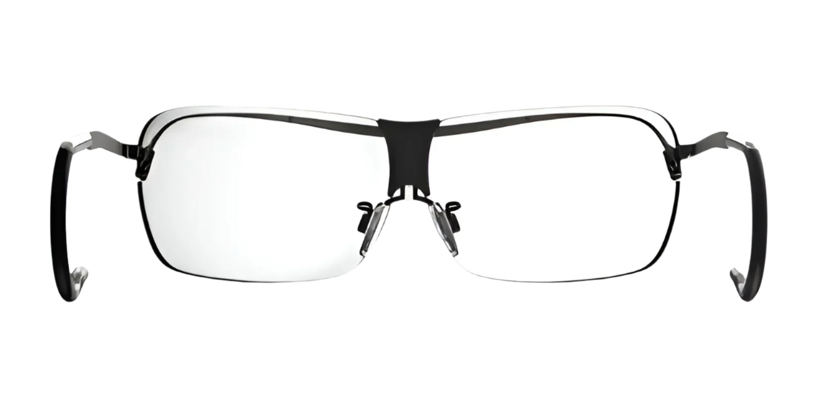 The RE Ranger XLW Shooting Glasses by RE Ranger are stylish frameless glasses with an adjustable nose bridge and dark temples, shown from the front on a white background. The RE Ranger XLW Shooting Glasses by RE Ranger are stylish frameless glasses with an adjustable nose bridge and dark temples, shown from the front on a white background.