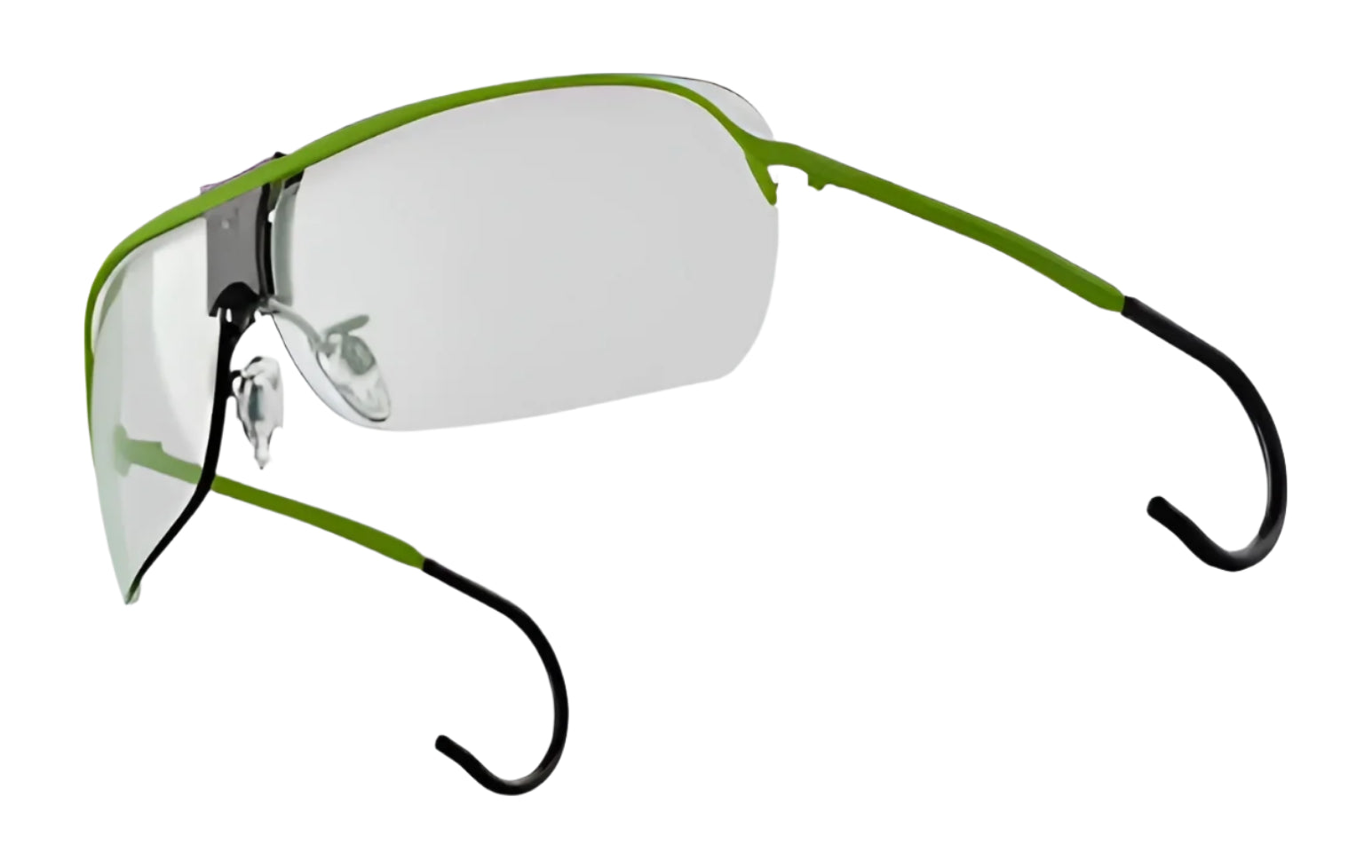 The RE Ranger XLW Shooting Glasses feature clear rectangular lenses with a green frame and black earpieces, plus an adjustable nose bridge for comfort. The RE Ranger XLW Shooting Glasses feature clear rectangular lenses with a green frame and black earpieces, plus an adjustable nose bridge for comfort.